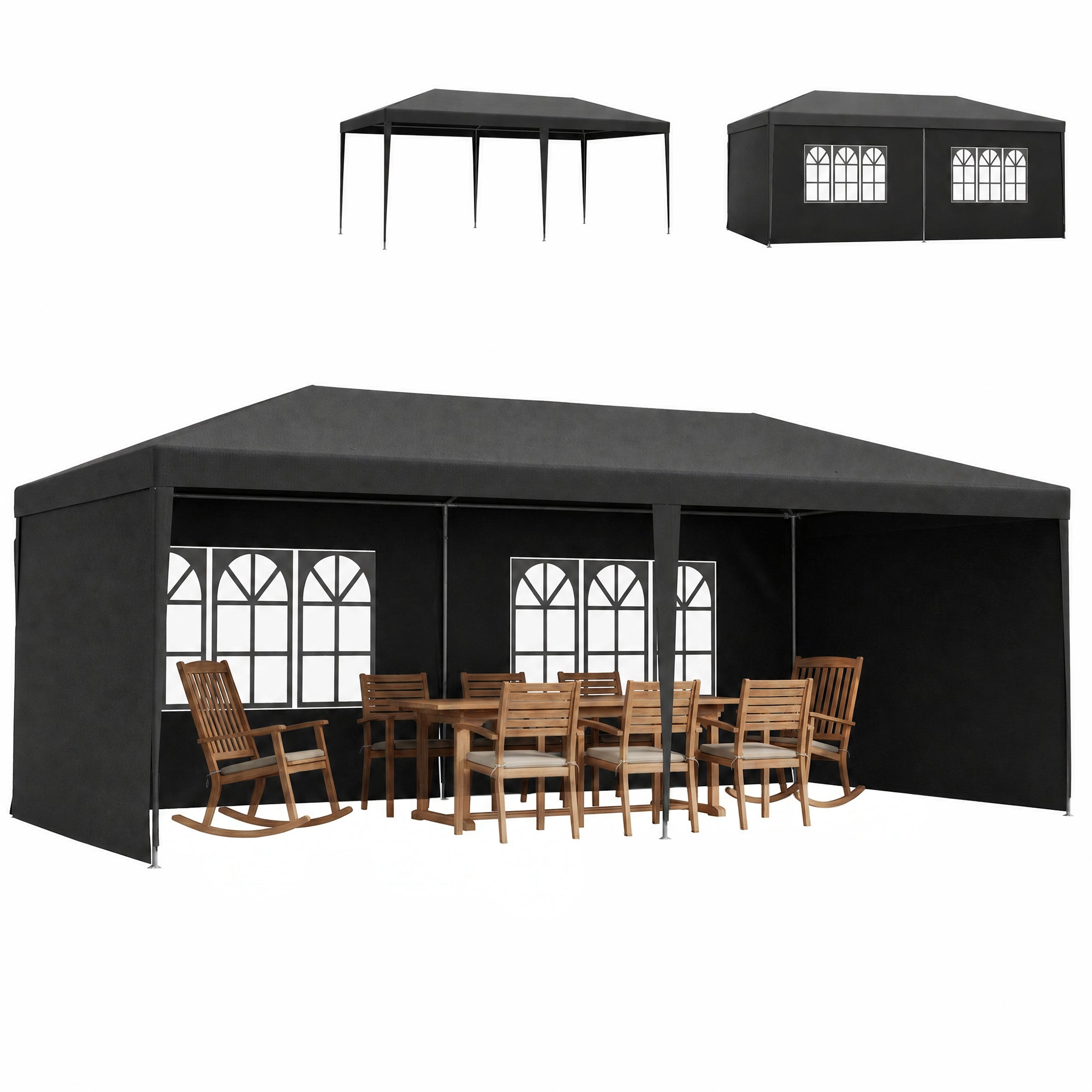 Outsunny Carpa de Jardín 6x3 m Cenador Pabellón de Jardín con 4 Paredes Laterales y 2 Ventanas Visibles, Marco de Acero, Anti-UV, Impermeable, Gazebo para Patio, Exterior, Camping, Gris Oscuro