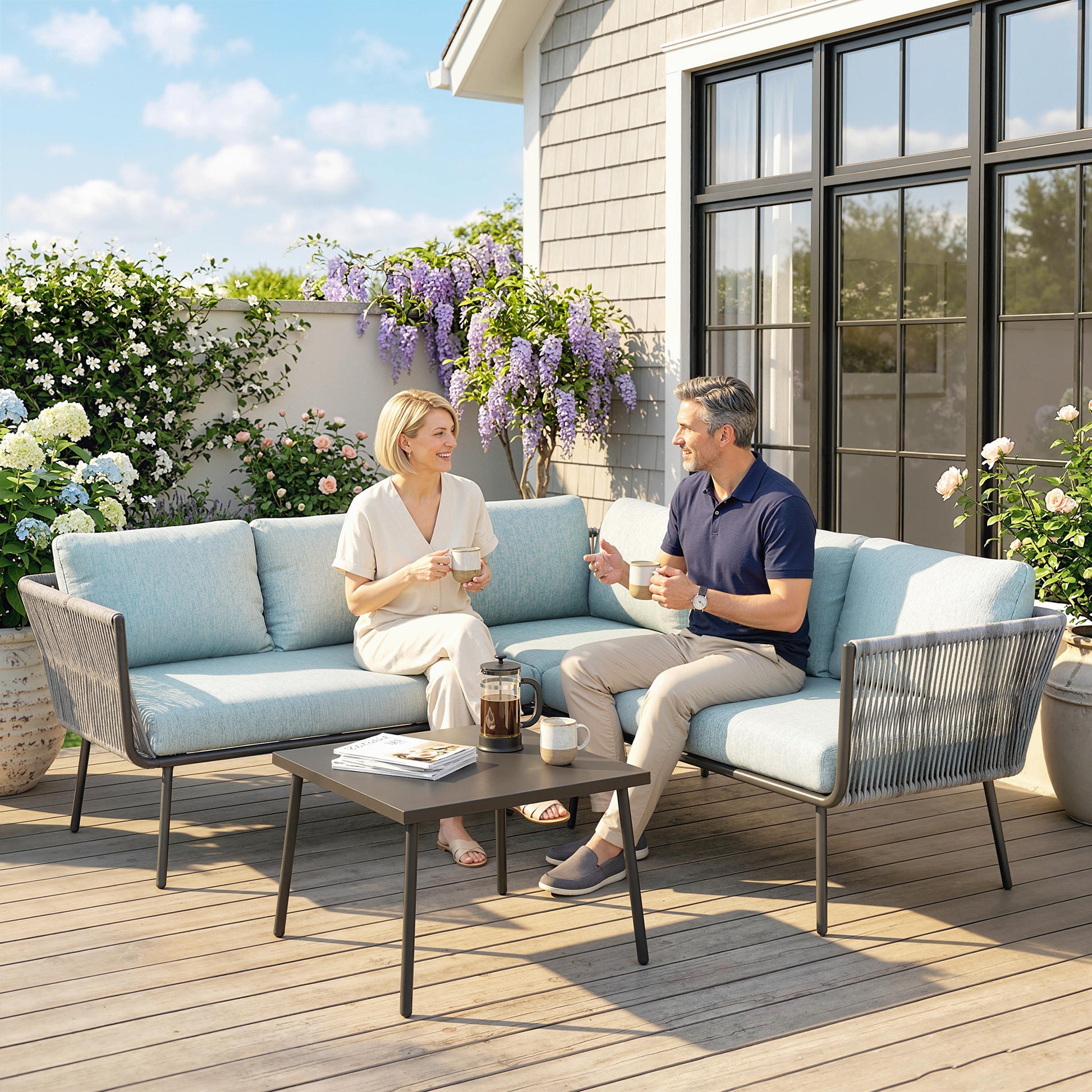 Outsunny Conjunto de Muebles de Ratán 4 Piezas con Marco de Aluminio Set de Muebles de Jardín 2 Sofá de 2 Plazas Sofá de Esquina Mesa de Centro con 6 Cojines Acolchados para Exterior Patio Azul Claro