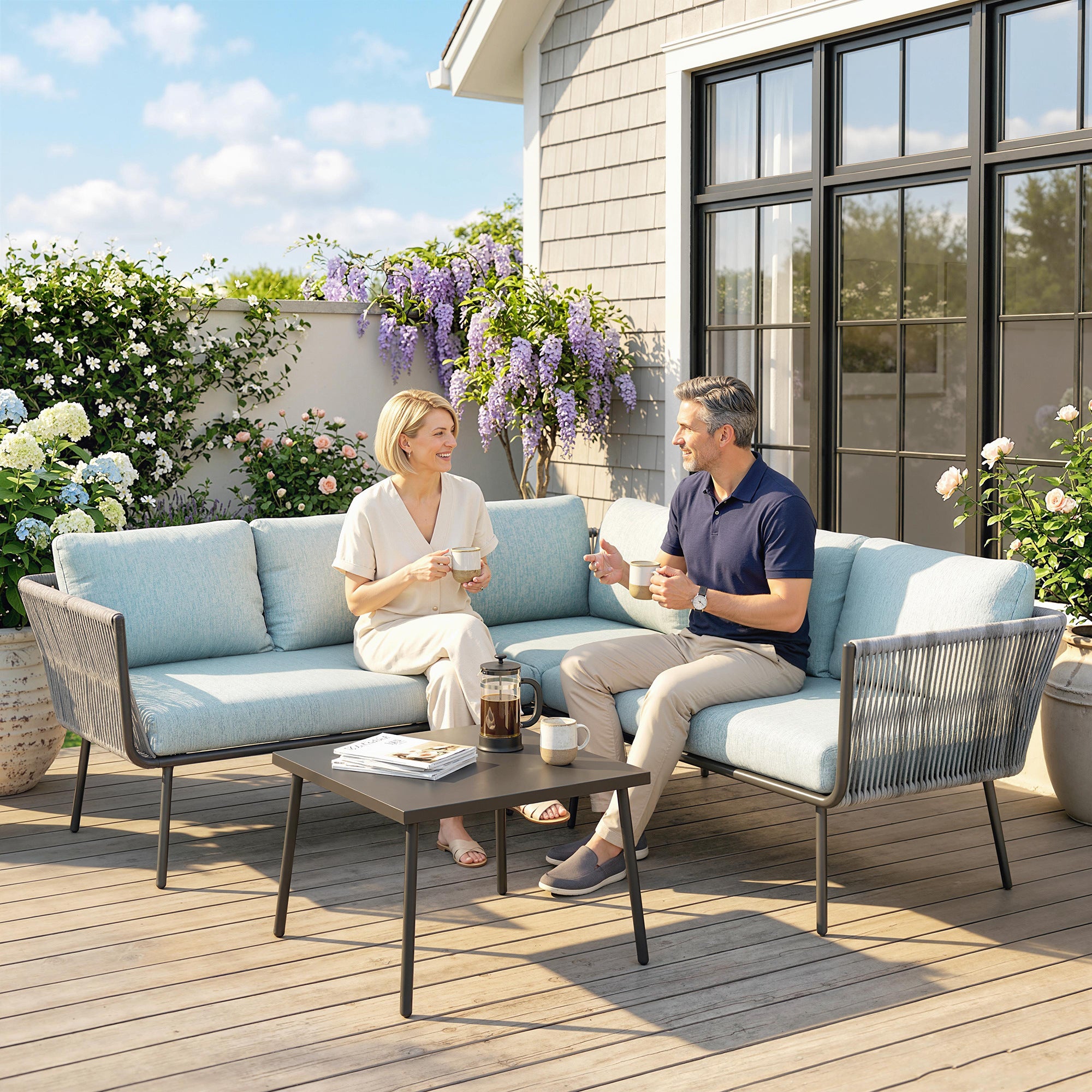 Outsunny Conjunto de Muebles de Ratán 4 Piezas con Marco de Aluminio Set de Muebles de Jardín 2 Sofá de 2 Plazas Sofá de Esquina Mesa de Centro con 6 Cojines Acolchados para Exterior Patio Azul Claro