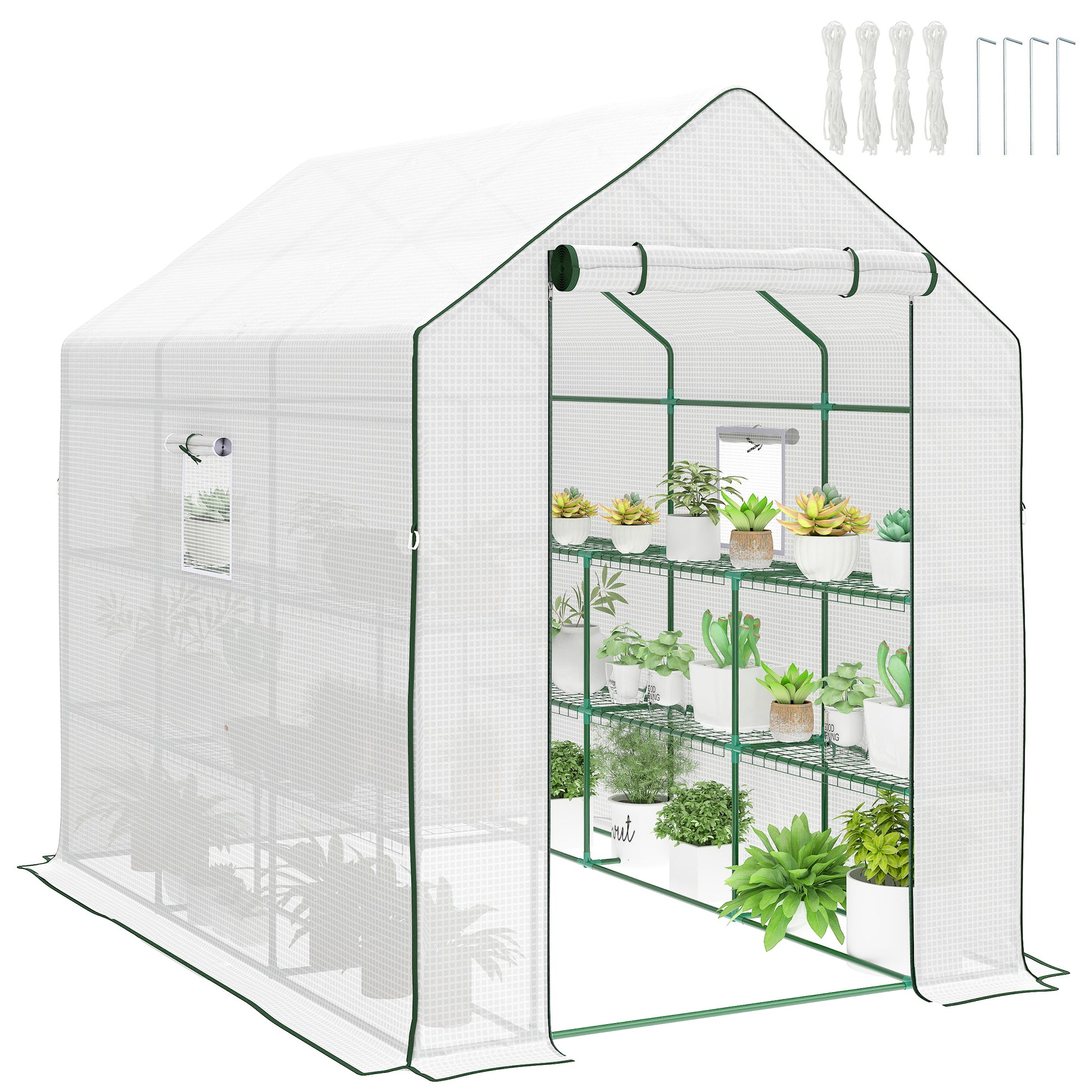 Outsunny Invernadero de Jardín de 3 Niveles, Invernadero de Exterior con 12 Estantes, Puerta Enrollable, Ventanas, Anti-UV, Cubierta de PE 135g/m² para Cultivos, Plantas, Flores, 140x213x190 cm Blanco