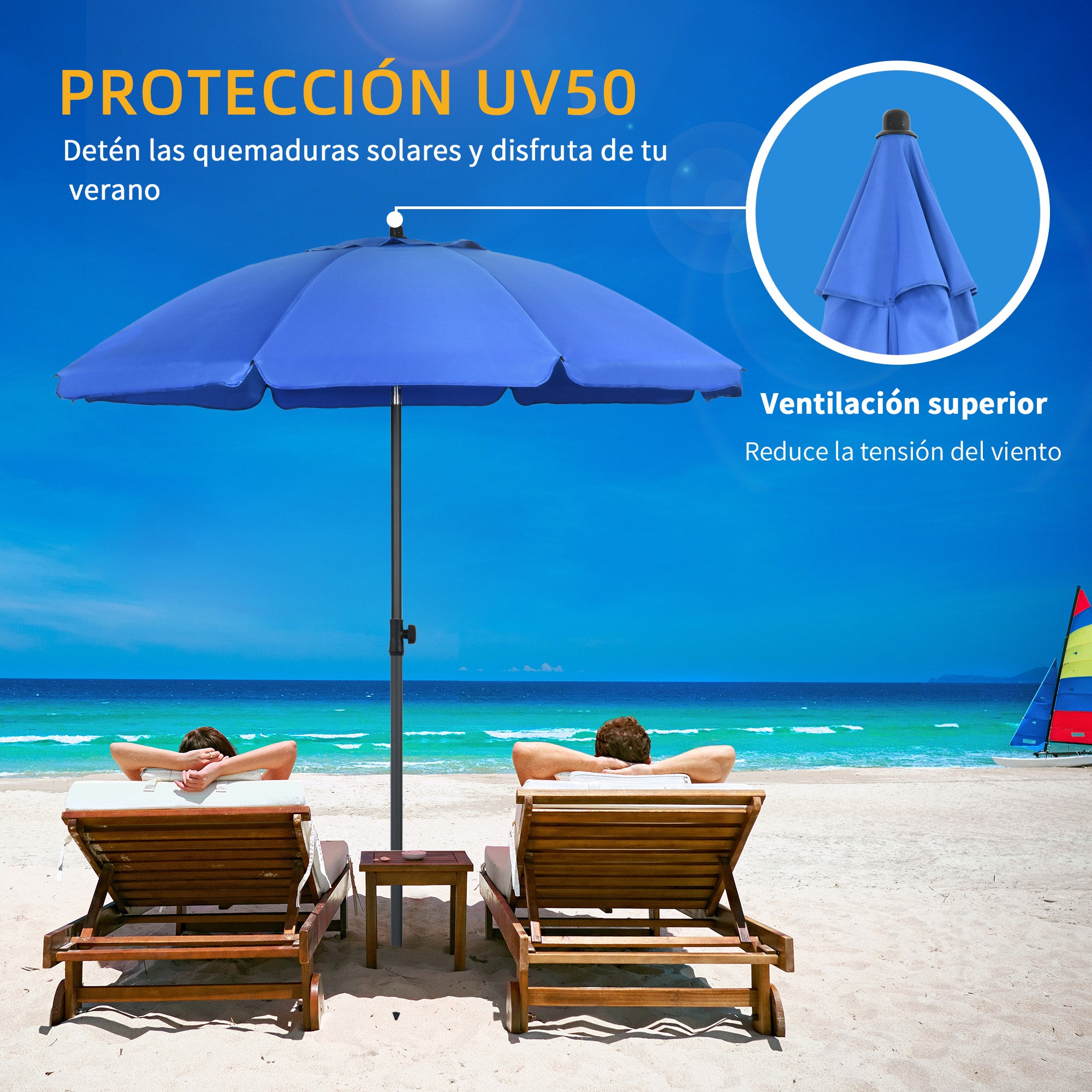 Outsunny Sombrilla de Playa Grande Ø180 cm Sombrilla de Terraza Exterior con Ángulo Ajustable Protección UV50+ Impermeable Mástil de Ø32 mm Azul