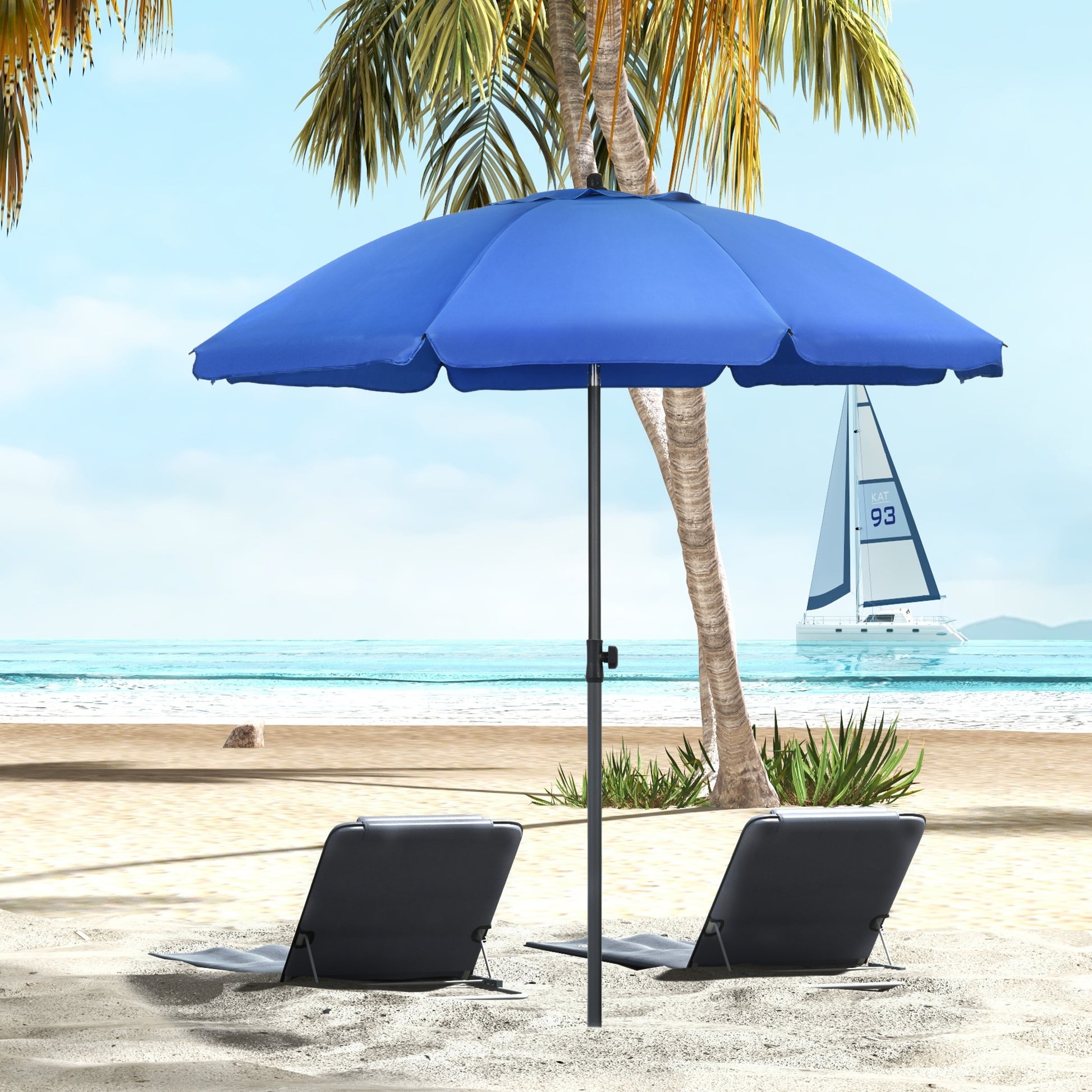 Outsunny Sombrilla de Playa Grande Ø180 cm Sombrilla de Terraza Exterior con Ángulo Ajustable Protección UV50+ Impermeable Mástil de Ø32 mm Azul