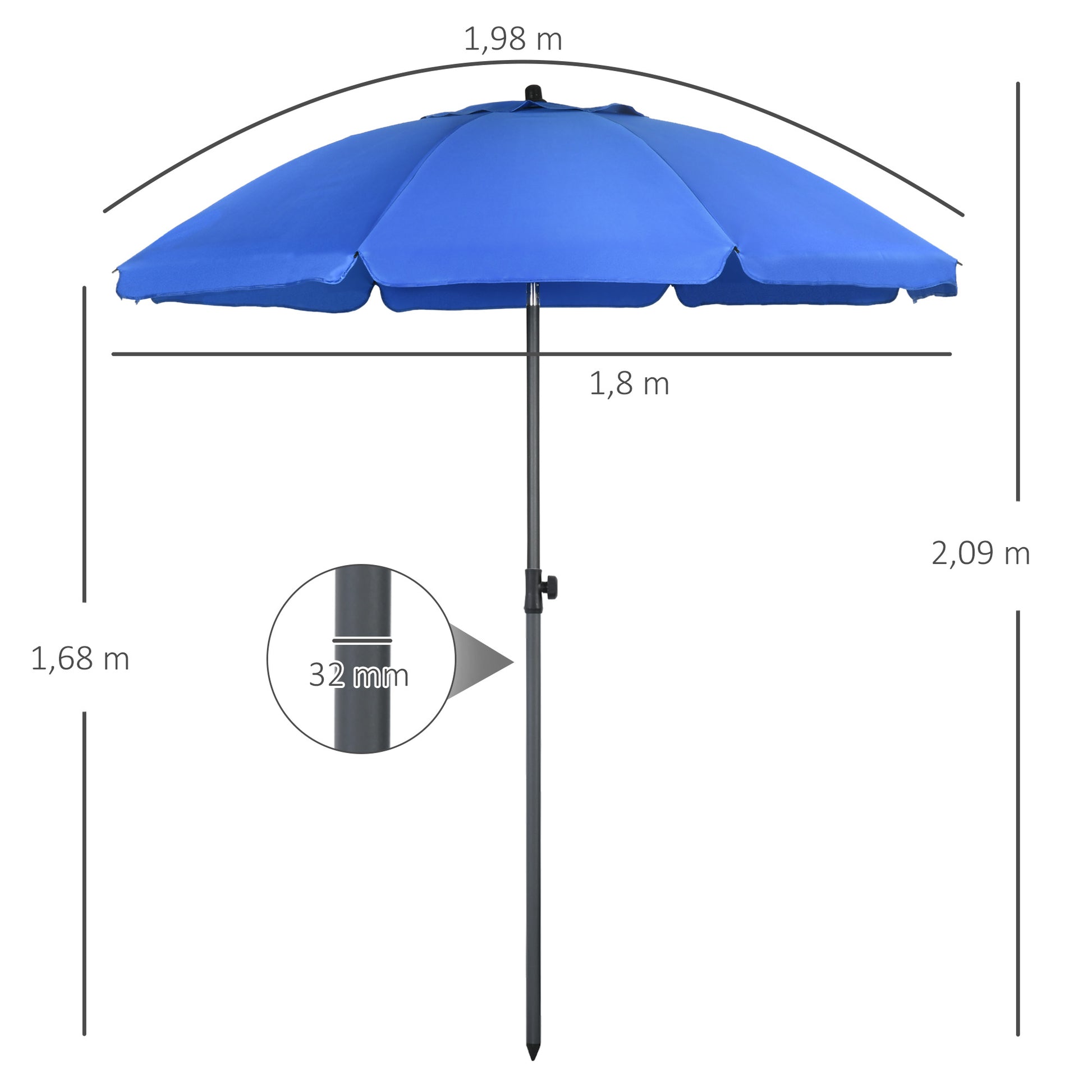 Outsunny Sombrilla de Playa Grande Ø180 cm Sombrilla de Terraza Exterior con Ángulo Ajustable Protección UV50+ Impermeable Mástil de Ø32 mm Azul