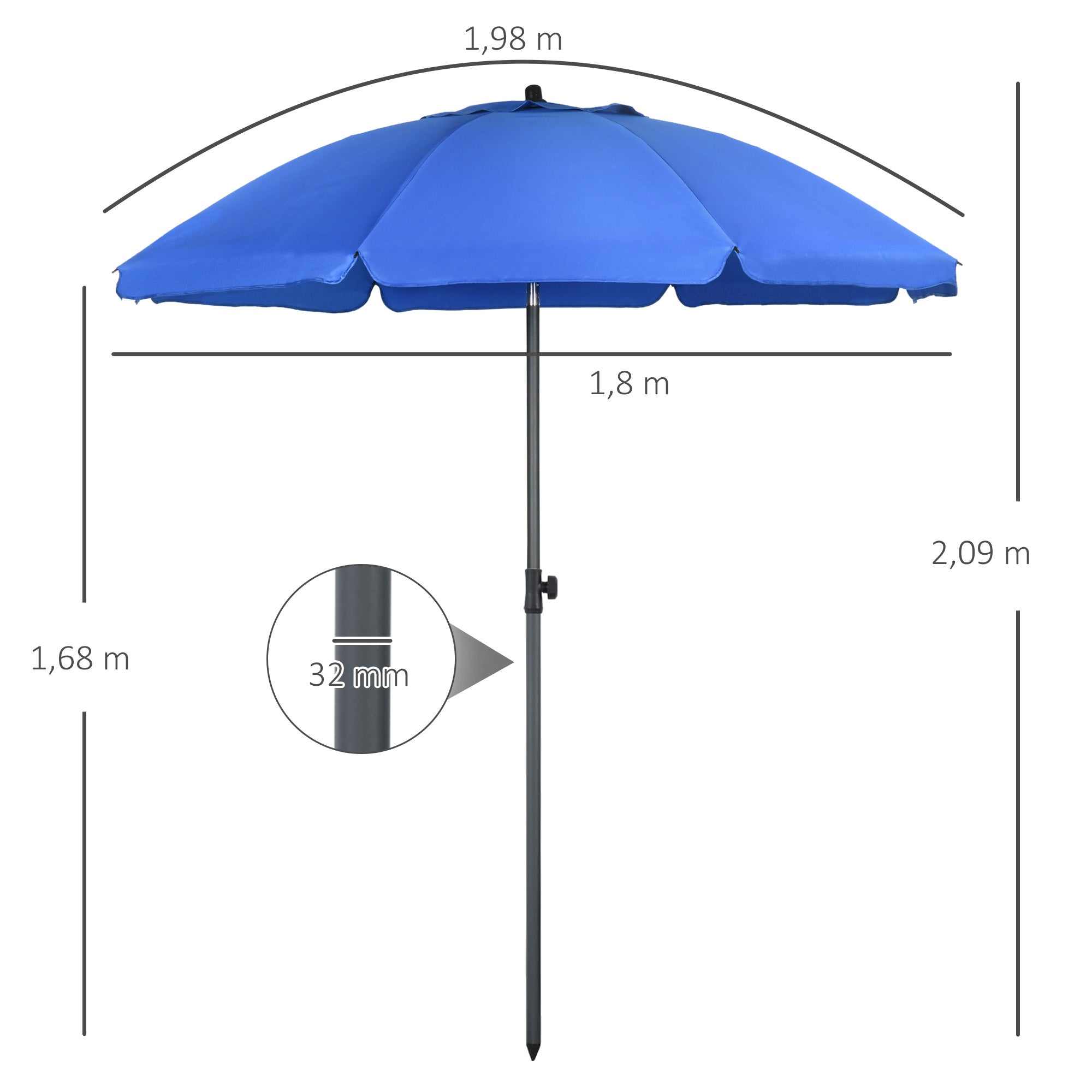Outsunny Sombrilla de Playa Grande Ø180 cm Sombrilla de Terraza Exterior con Ángulo Ajustable Protección UV50+ Impermeable Mástil de Ø32 mm Azul
