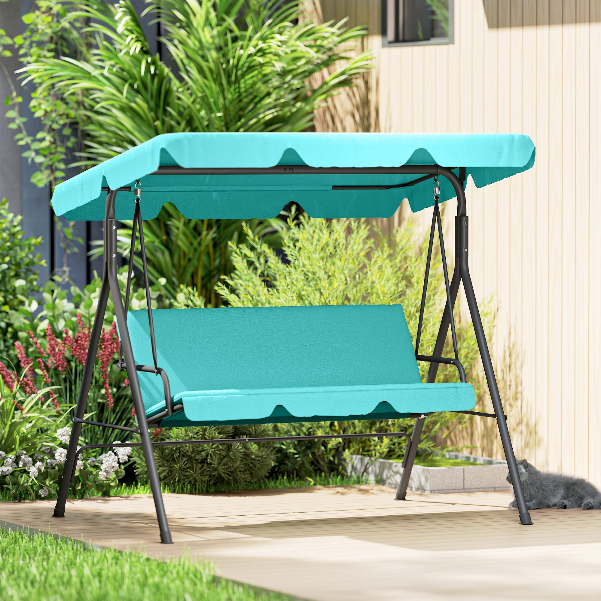 Outsunny Columpio de Jardín Exterior de 3 Plazas, Balancín de Jardín Exterior con Techo Ajustable y Marco de Acero, para Balcón, Terraza, Patio, Carga 240 kg, 172x110x153 cm, Verde Azulado
