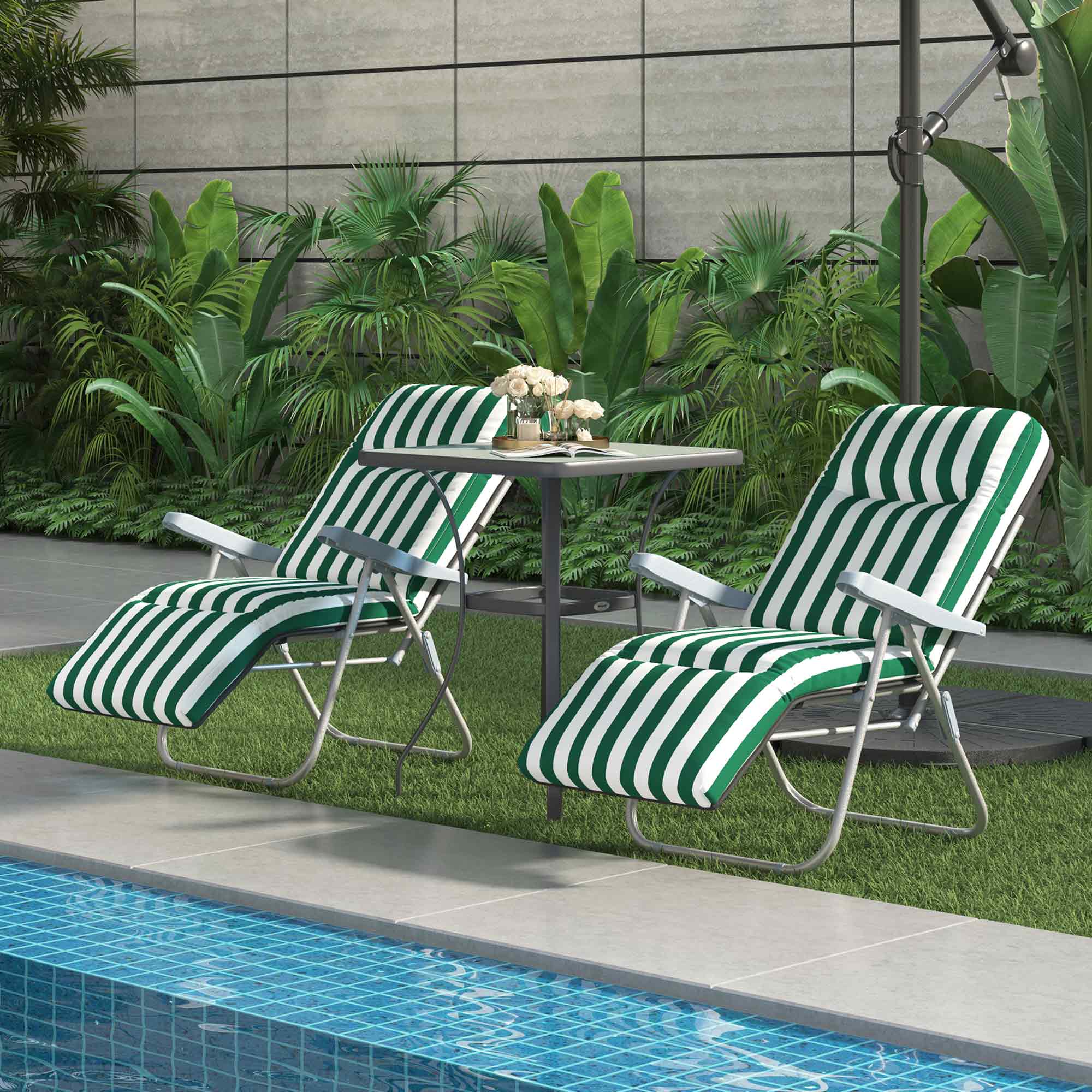 Outsunny Pack de 2 Tumbonas Plegables Tumbonas de Jardín Exterior con Cojín Acolchado, Respaldo Ajustable en 5 Posiciones, Reposapiés y Marco de Acero, 60x75x65-102 cm, Rayas Verde