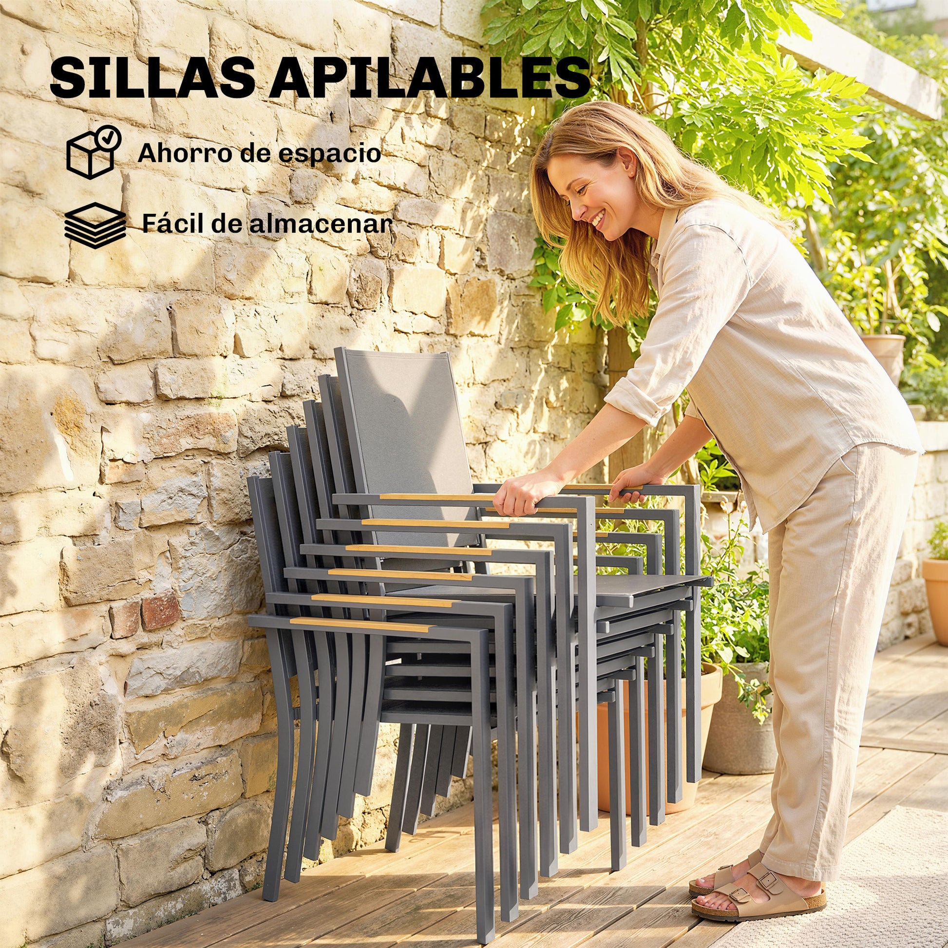 Outsunny Conjunto de Mesa y Sillas Jardín de 7 Piezas, Muebles Jardín Exterior con Mesa de Plástico PSPC, 6 Sillas Apilables Transpirables, Marco de Acero Resistente a la Intemperie, Gris Oscuro