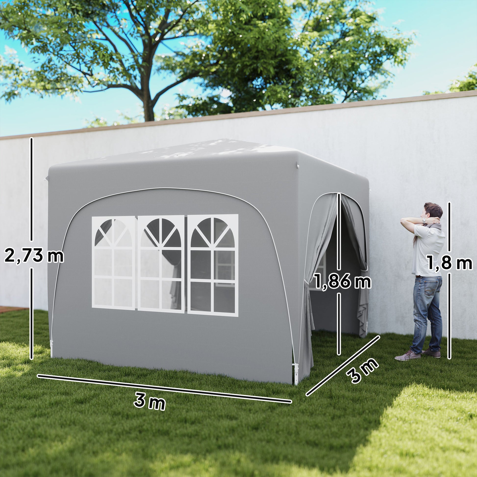 Outsunny Carpa Plegable 3x3 m, Cenador Pabellón de Jardín con Altura Ajustable de 3 Niveles, 4 Paredes Laterales, Ventanas y Bolsa Transporte, UPF50+, Impermeable para Fiestas, Exterior, Gris