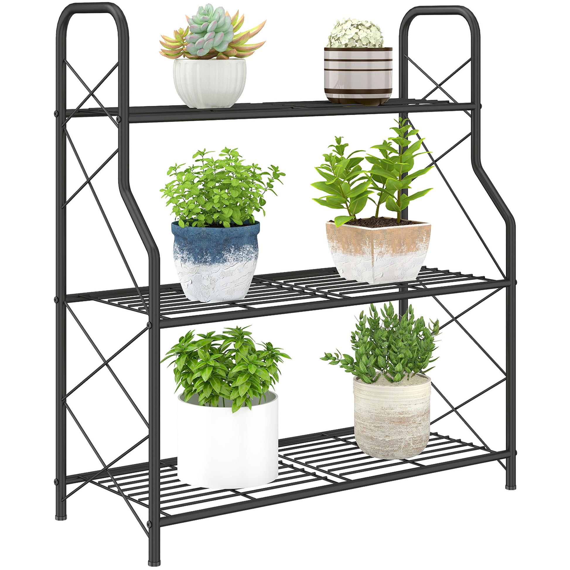 Outsunny Soporte para Plantas de 3 Niveles para Interior y Exterior, Estantería para Plantas de Metal con Patas Ajustables y Asas, Resistente y Estable, para Macetas, Patio, Jardín, Balcón, Negro