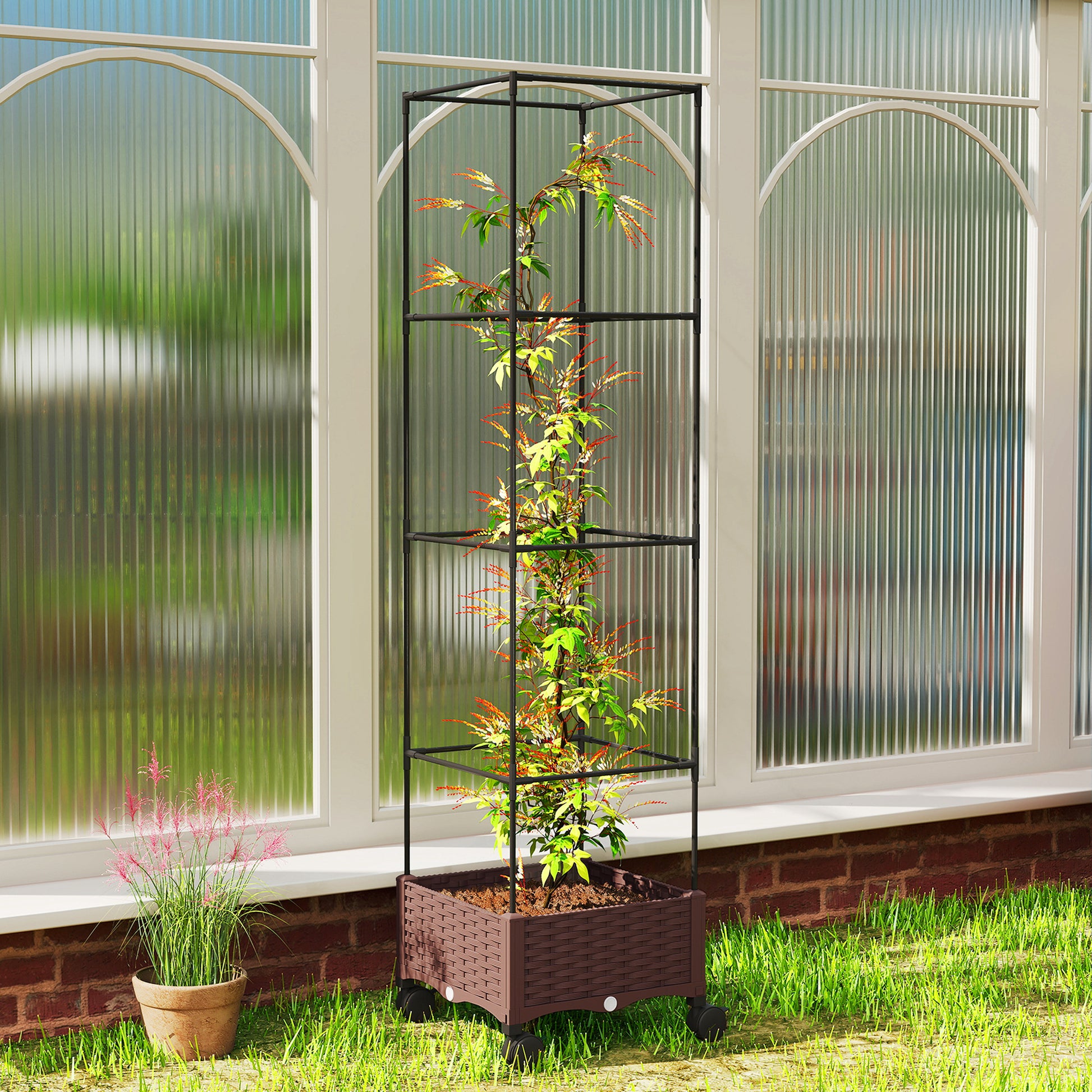 Outsunny Jardinera con Enrejado Ajustable, Jardinera Exterior con Ruedas Bloqueables para Plantas Trepadoras con Ofricios de Drenaje, Macetero Elevado para Jardín, Patio, Terraza, 40x40x165 cm, Marrón