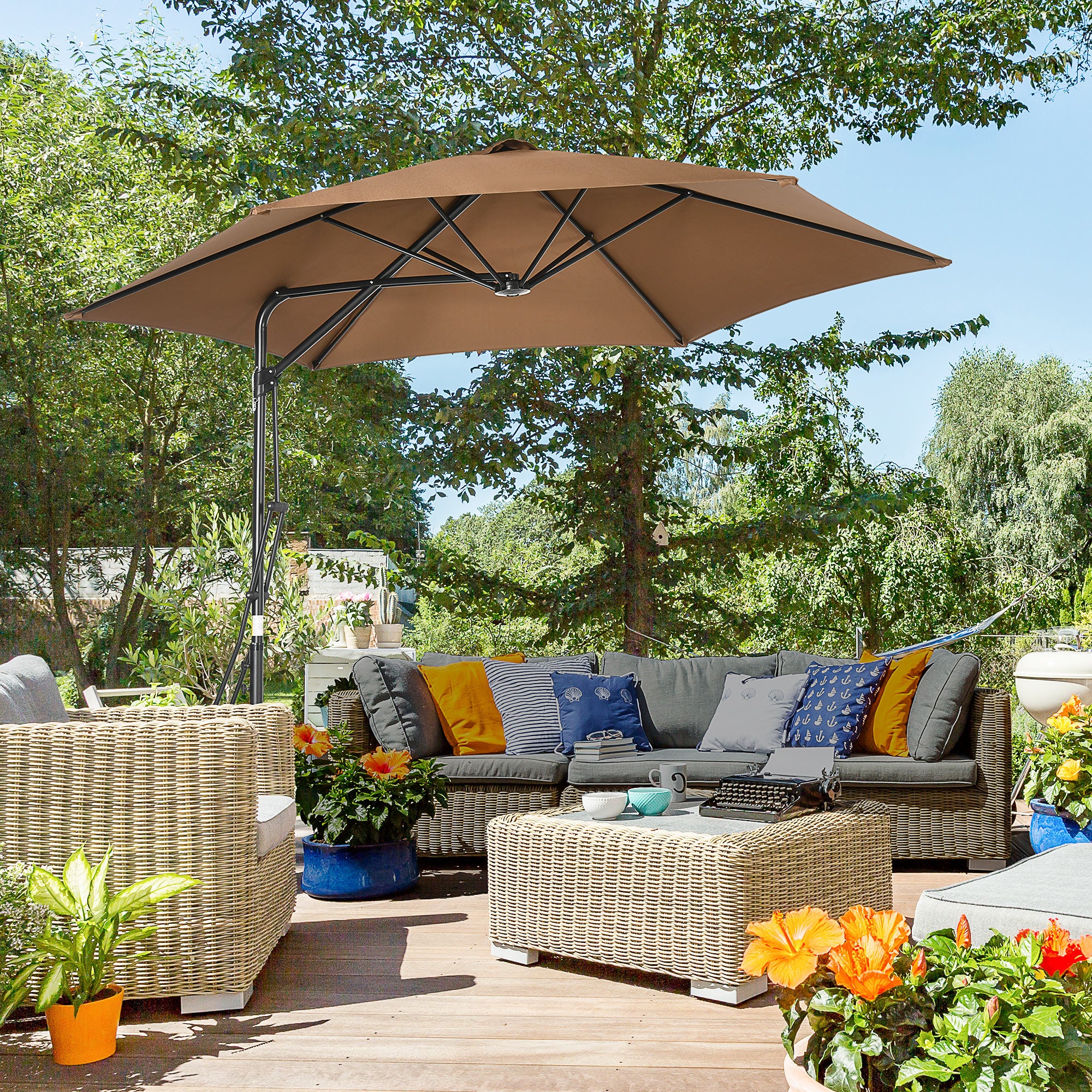 Outsunny Sombrilla Voladizo de Jardín Ø295x245 cm Parasol Excéntrico Manivela Manual con 6 Varillas de Metal Ventilación y Base Cruzada para Patio Terraza Exterior Marrón
