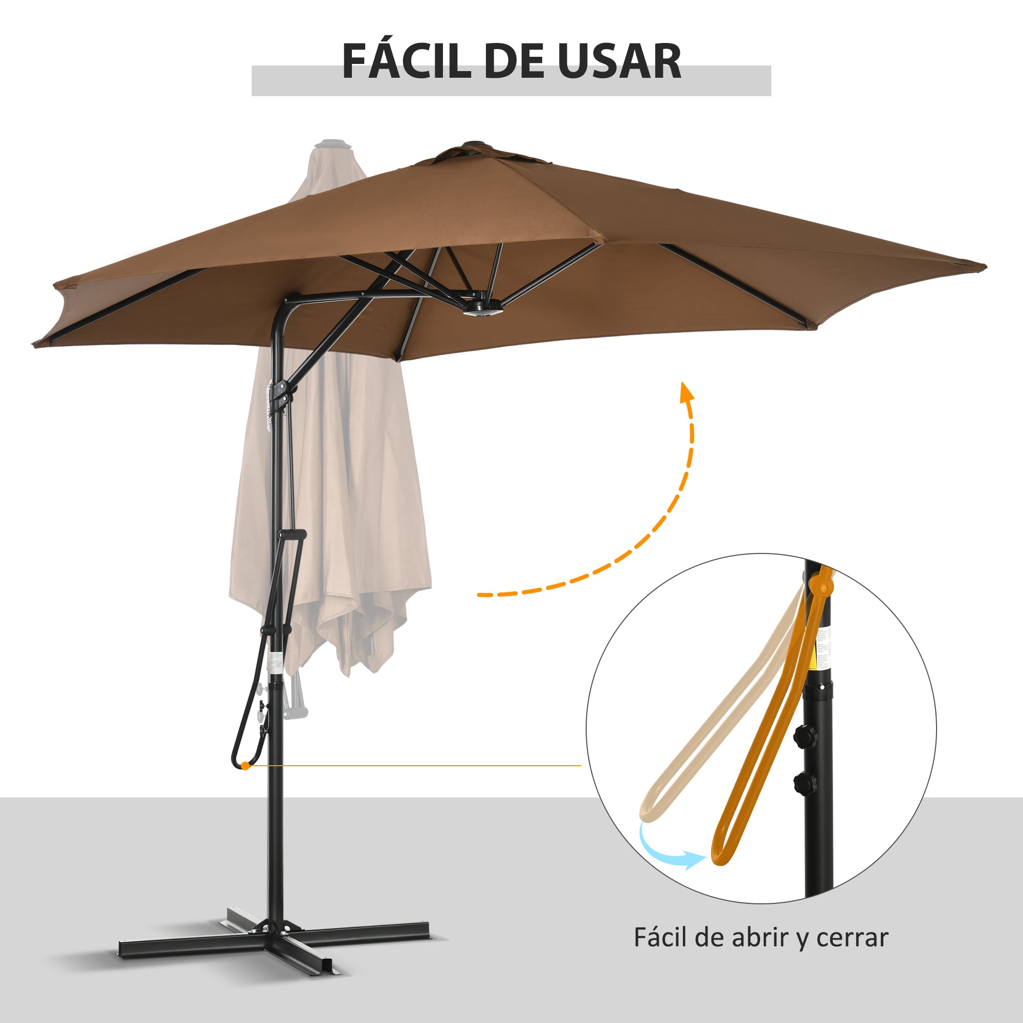Outsunny Sombrilla Voladizo de Jardín Ø295x245 cm Parasol Excéntrico Manivela Manual con 6 Varillas de Metal Ventilación y Base Cruzada para Patio Terraza Exterior Marrón