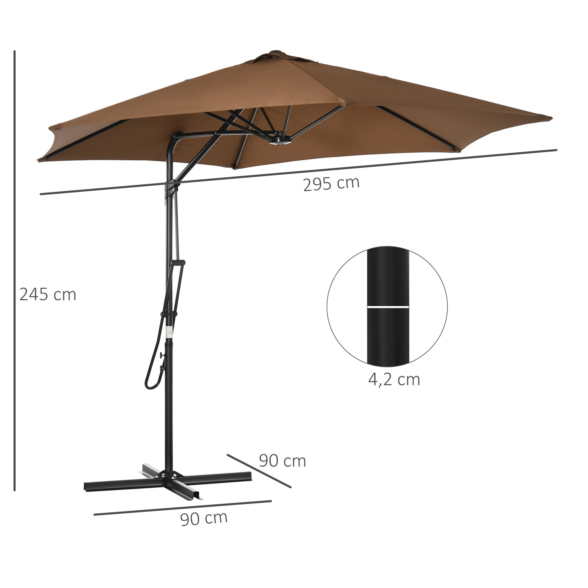 Outsunny Sombrilla Voladizo de Jardín Ø295x245 cm Parasol Excéntrico Manivela Manual con 6 Varillas de Metal Ventilación y Base Cruzada para Patio Terraza Exterior Marrón