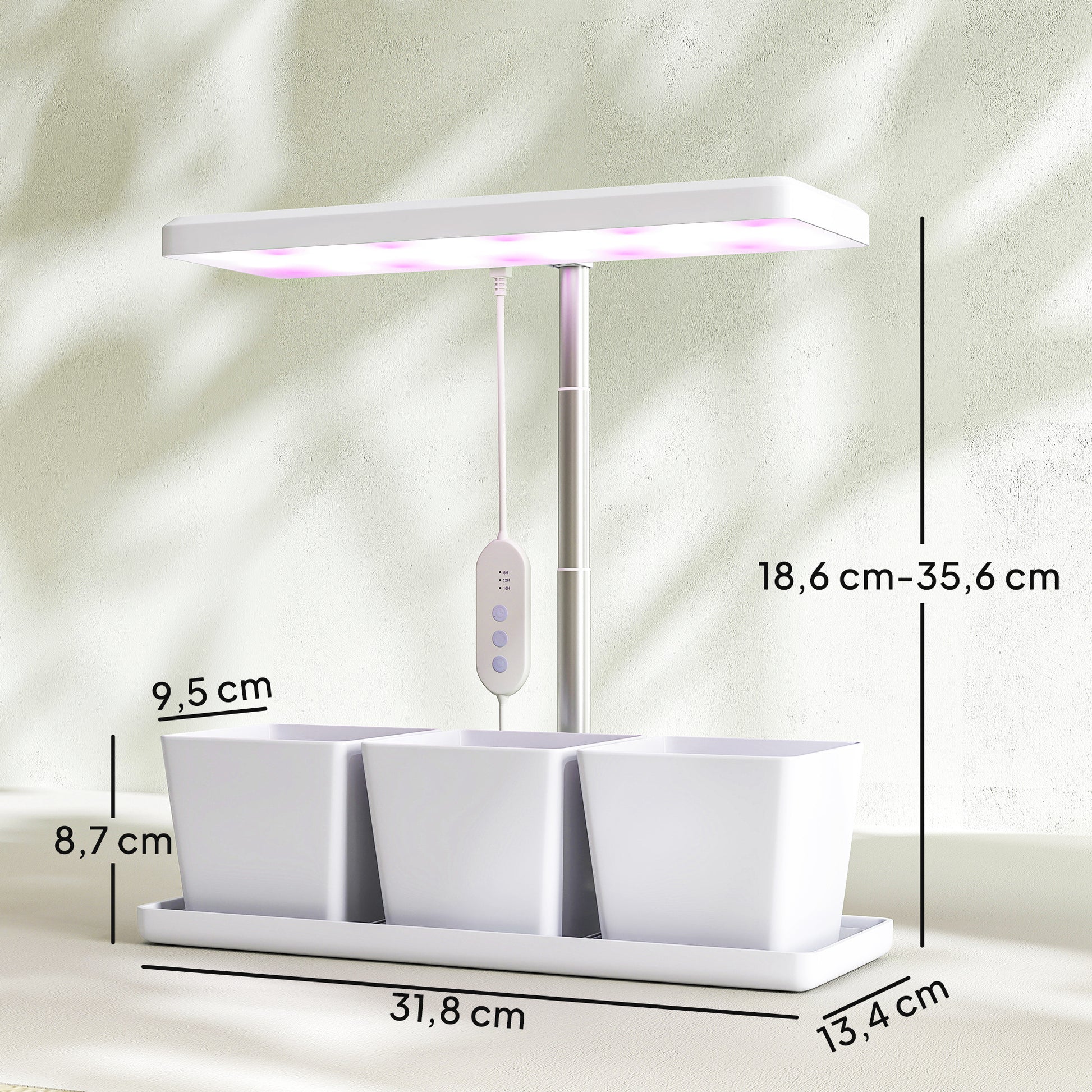 Outsunny Lámpara de Planta Interior, 30 LED, Luz de Crecimiento de Espectro Completo, Ajustable en Altura con Temporizador Automático 8/12/16/24H, 5 de Brillo y 3 Cajas para Invernadero, Jardín
