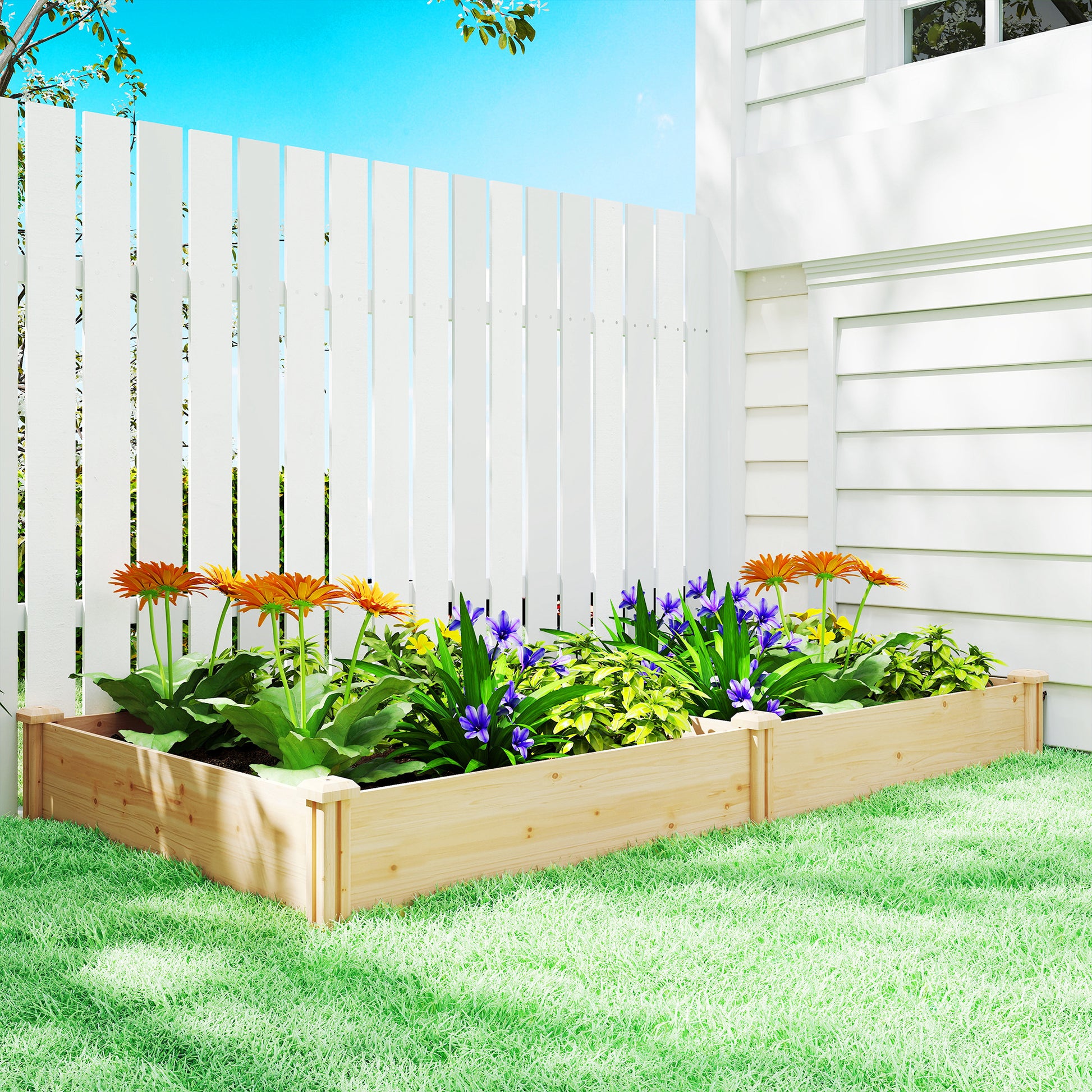 Outsunny Jardinera Elevada de Madera, Huerto Urbano para Cultivar Plantas, Macetero Exterior con Divisor y Base Abierta, Pintura DIY, para Jardín, Terraza, 235x121x26 cm, Natural