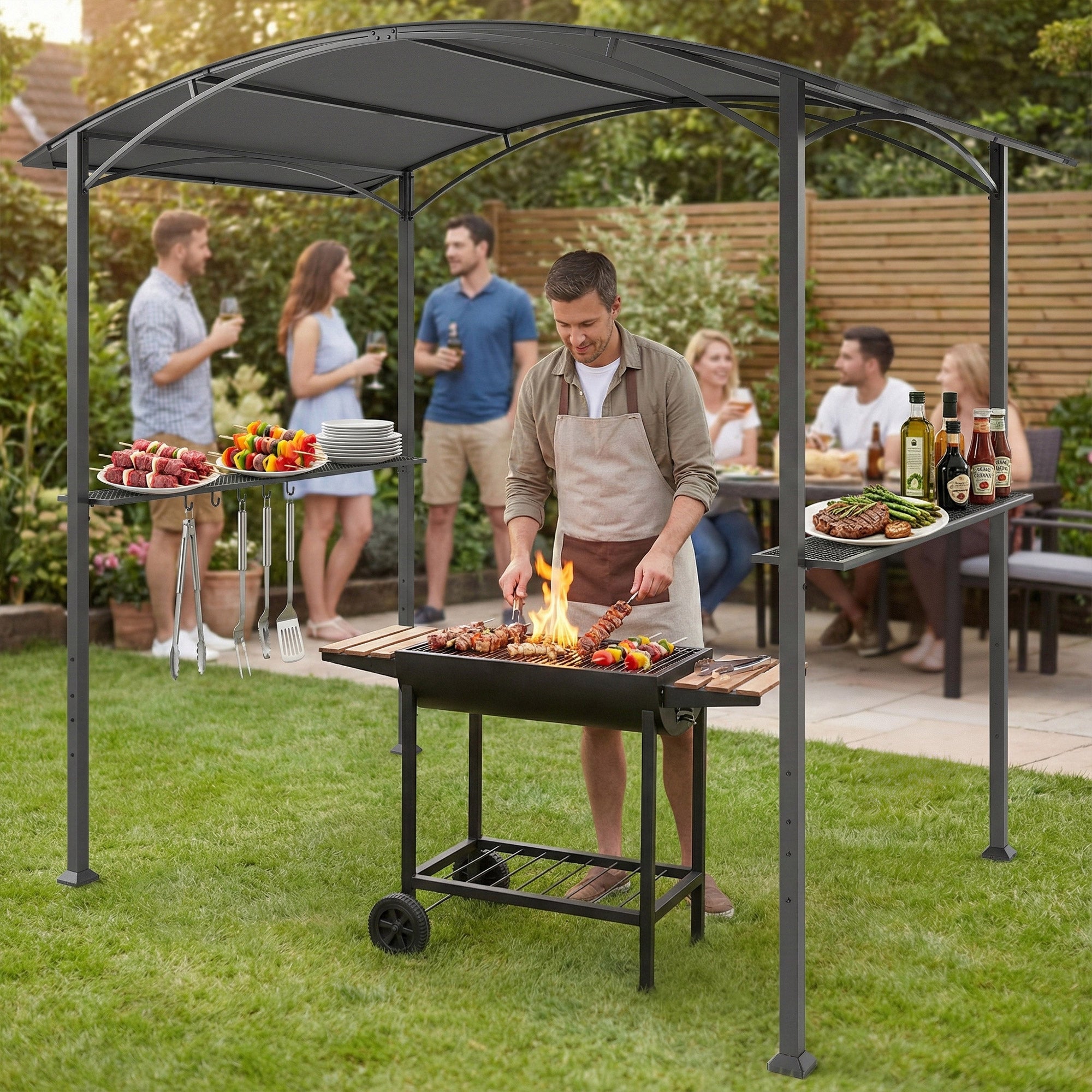 Outsunny Carpa Barbacoa 2,4 x 1,5 m, Cenador de Pérgola con 2 Estantes Laterales, Toldo Resistente a la intemperie, Ganchos y Estructura de Acero, para Jardín Terraza Exterior Camping BBQ, Gris Oscuro