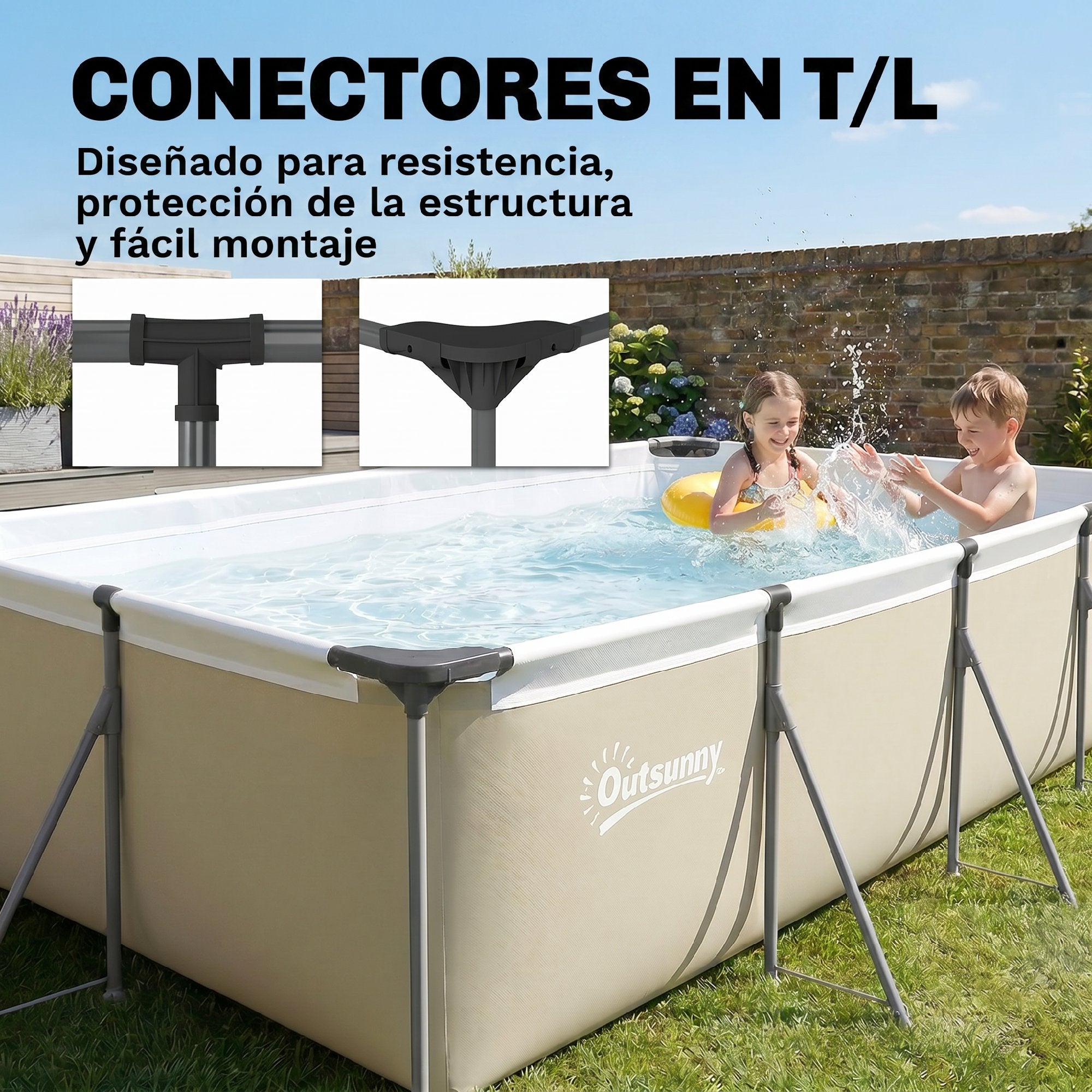 Outsunny Piscina Desmontable Tubular 394,5x208,3x80,5 cm 6075 L, Piscina Rectangular con Marco Metálico Estable, Parche Reparación, Bomba Filtro No Incluida para 4-6 Personas, Jardín, Exterior, Gris