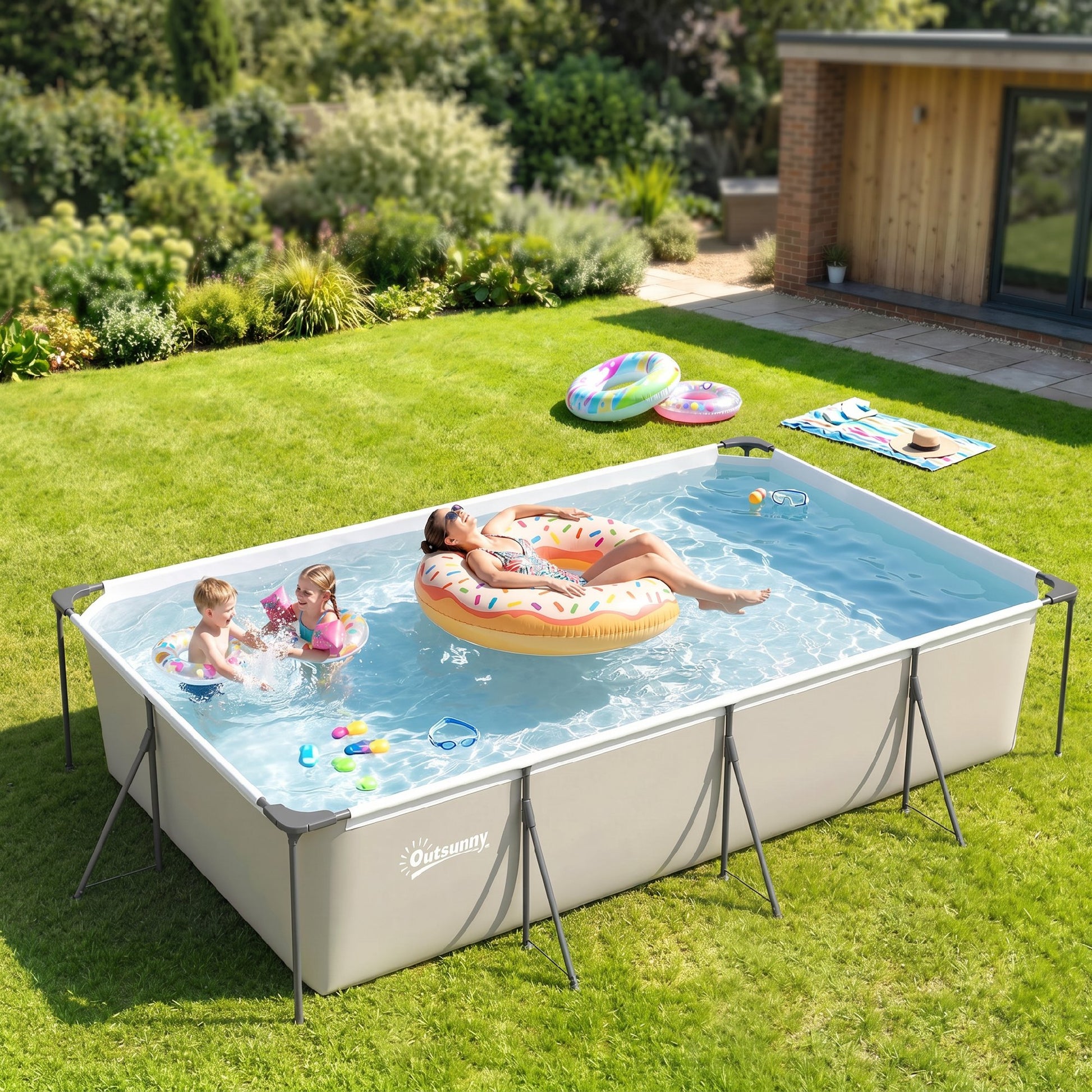 Outsunny Piscina Desmontable Tubular 394,5x208,3x80,5 cm 6075 L, Piscina Rectangular con Marco Metálico Estable, Parche Reparación, Bomba Filtro No Incluida para 4-6 Personas, Jardín, Exterior, Gris