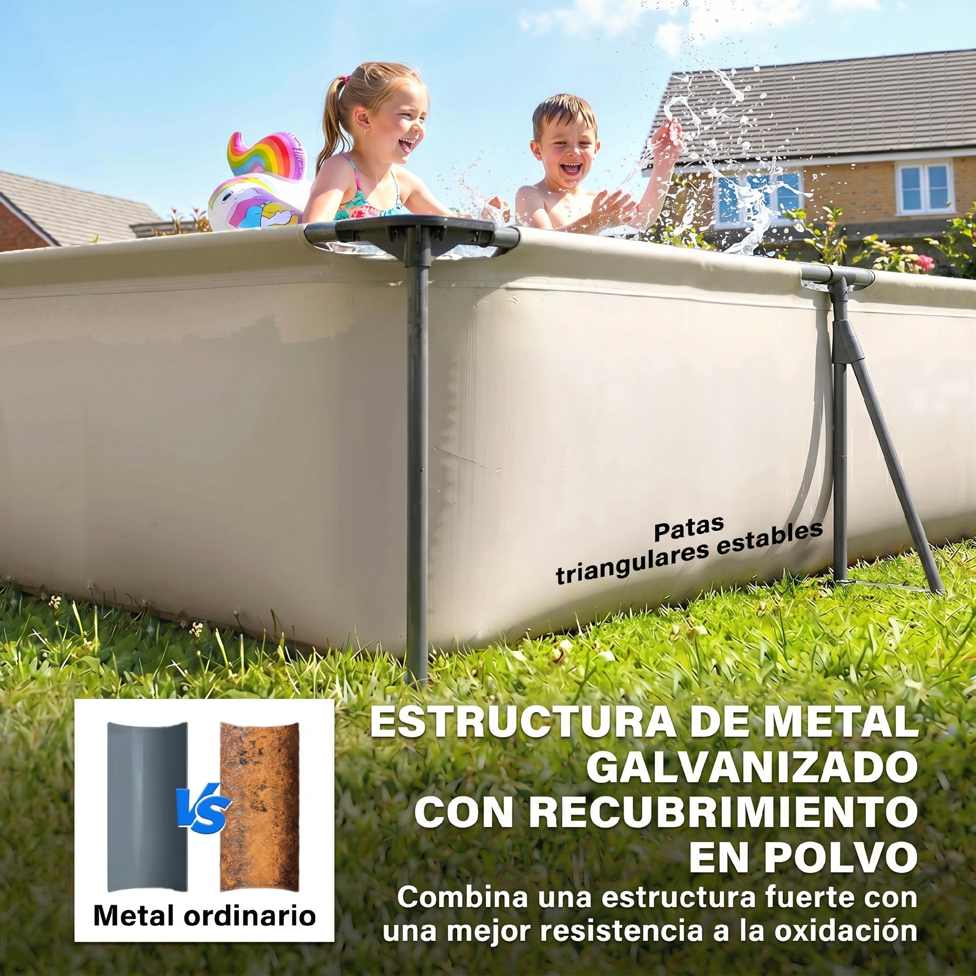 Outsunny Piscina Desmontable Tubular 394,5x208,3x80,5 cm 6075 L, Piscina Rectangular con Marco Metálico Estable, Parche Reparación, Bomba Filtro No Incluida para 4-6 Personas, Jardín, Exterior, Gris