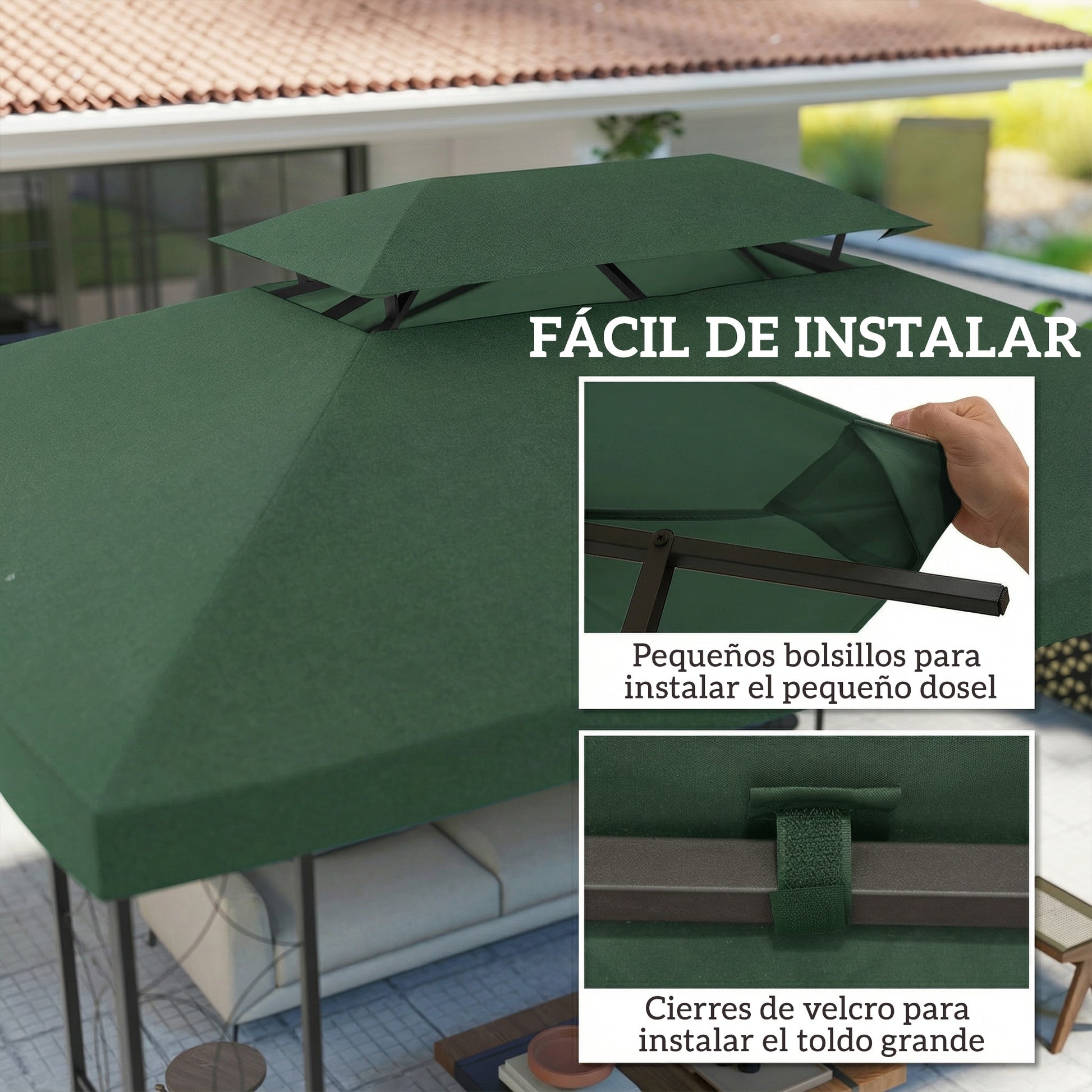 Outsunny Techo de Repuesto para Cenador, 4x3 m, Cubierta de Repuesto con Techo Doble, 10 Orificios de Drenaje y Protección UV, SOLO Toldo de Recambio para Pabellón Gazebo, Verde
