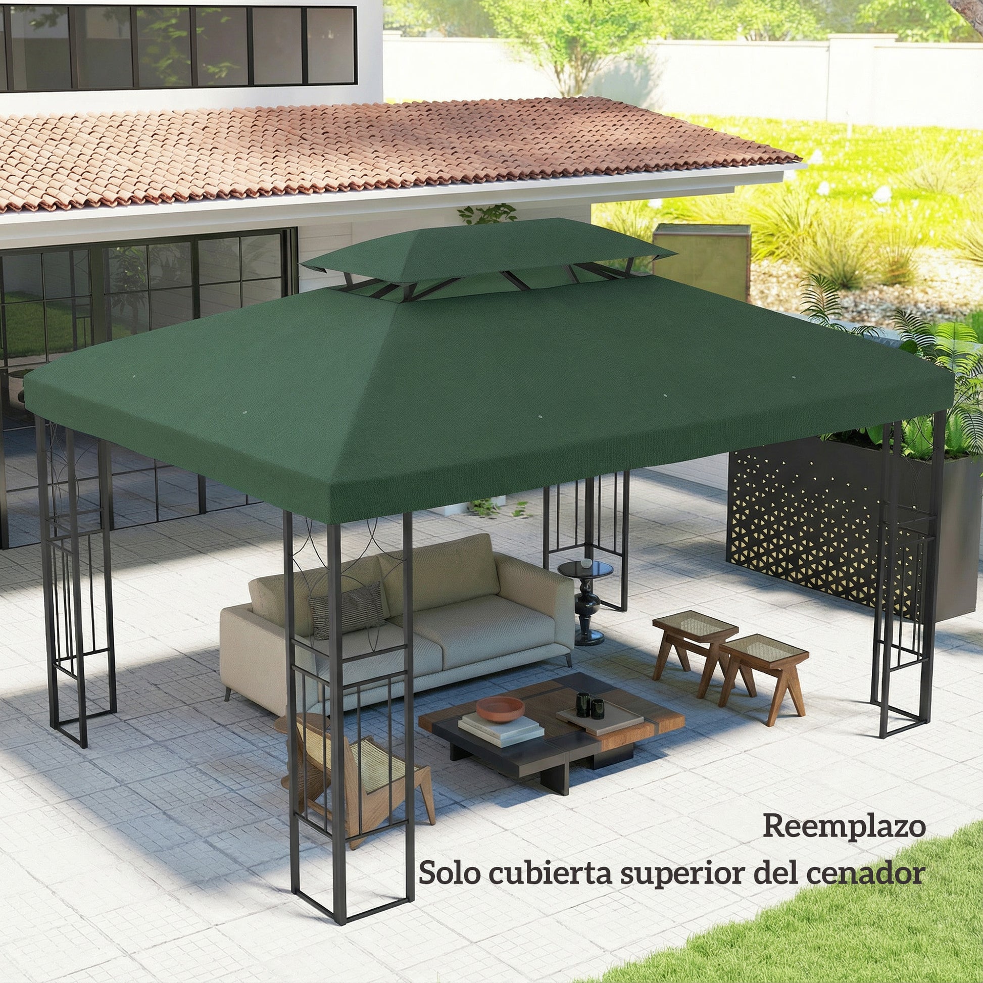 Outsunny Techo de Repuesto para Cenador, 4x3 m, Cubierta de Repuesto con Techo Doble, 10 Orificios de Drenaje y Protección UV, SOLO Toldo de Recambio para Pabellón Gazebo, Verde