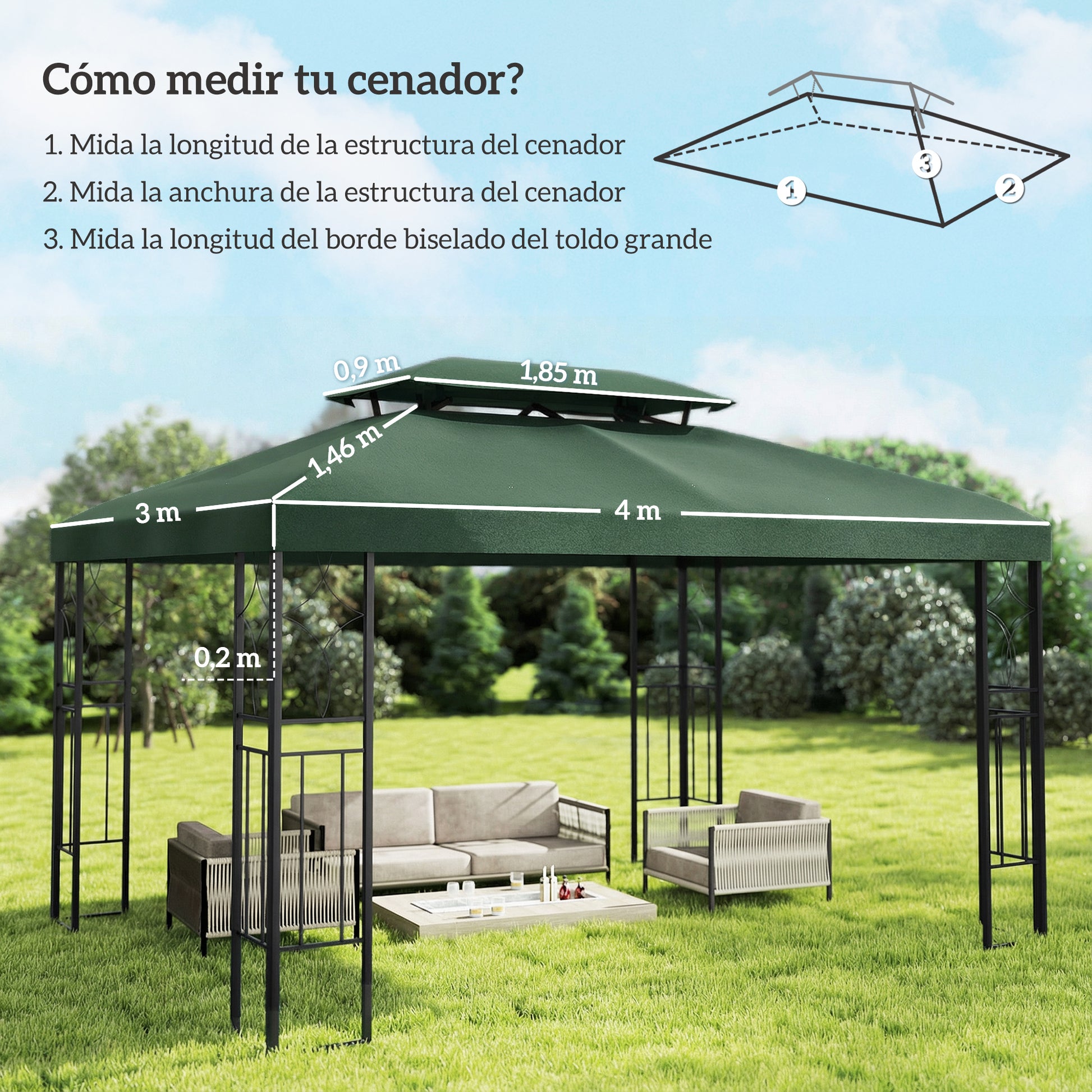 Outsunny Techo de Repuesto para Cenador, 4x3 m, Cubierta de Repuesto con Techo Doble, 10 Orificios de Drenaje y Protección UV, SOLO Toldo de Recambio para Pabellón Gazebo, Verde