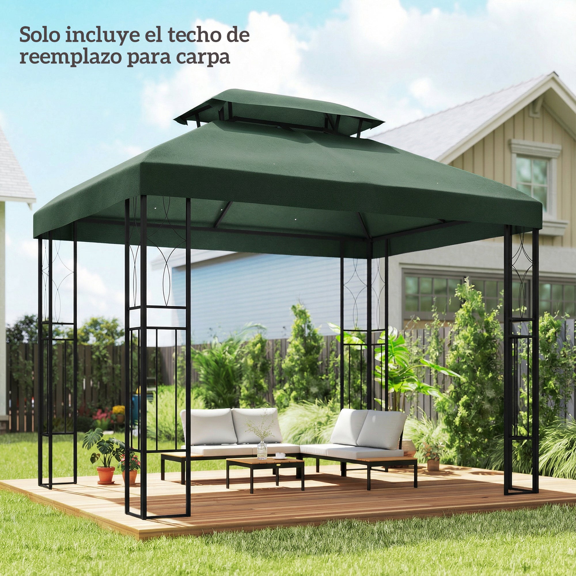 Outsunny Techo de Repuesto para Cenador, 4x3 m, Cubierta de Repuesto con Techo Doble, 10 Orificios de Drenaje y Protección UV, SOLO Toldo de Recambio para Pabellón Gazebo, Verde