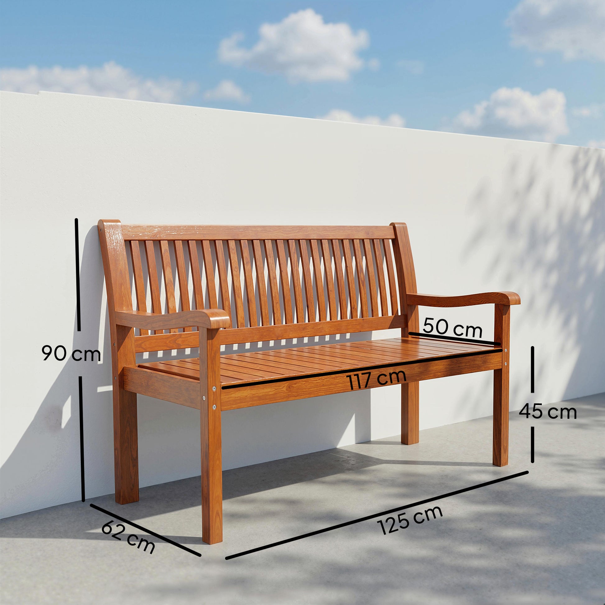 Outsunny Banco de Jardín de Madera, Banco de Exterior de 2 Plazas con Funda Impermeable, Respaldo Ergonómico, Reposabrazos, Carga 240 kg, para Patio, Terraza, 125x62x90 cm, Marrón Claro