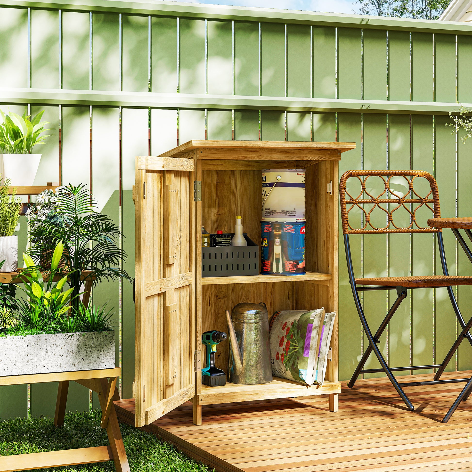 Outsunny Caseta de Jardín de Madera 63,5x40x90 cm Cobertizo Jardín Exterior Armario para Almacenaje de Herramientas con 2 Estantes Puerta Estilo Granero y Techo de Acero Galvanizado Natural