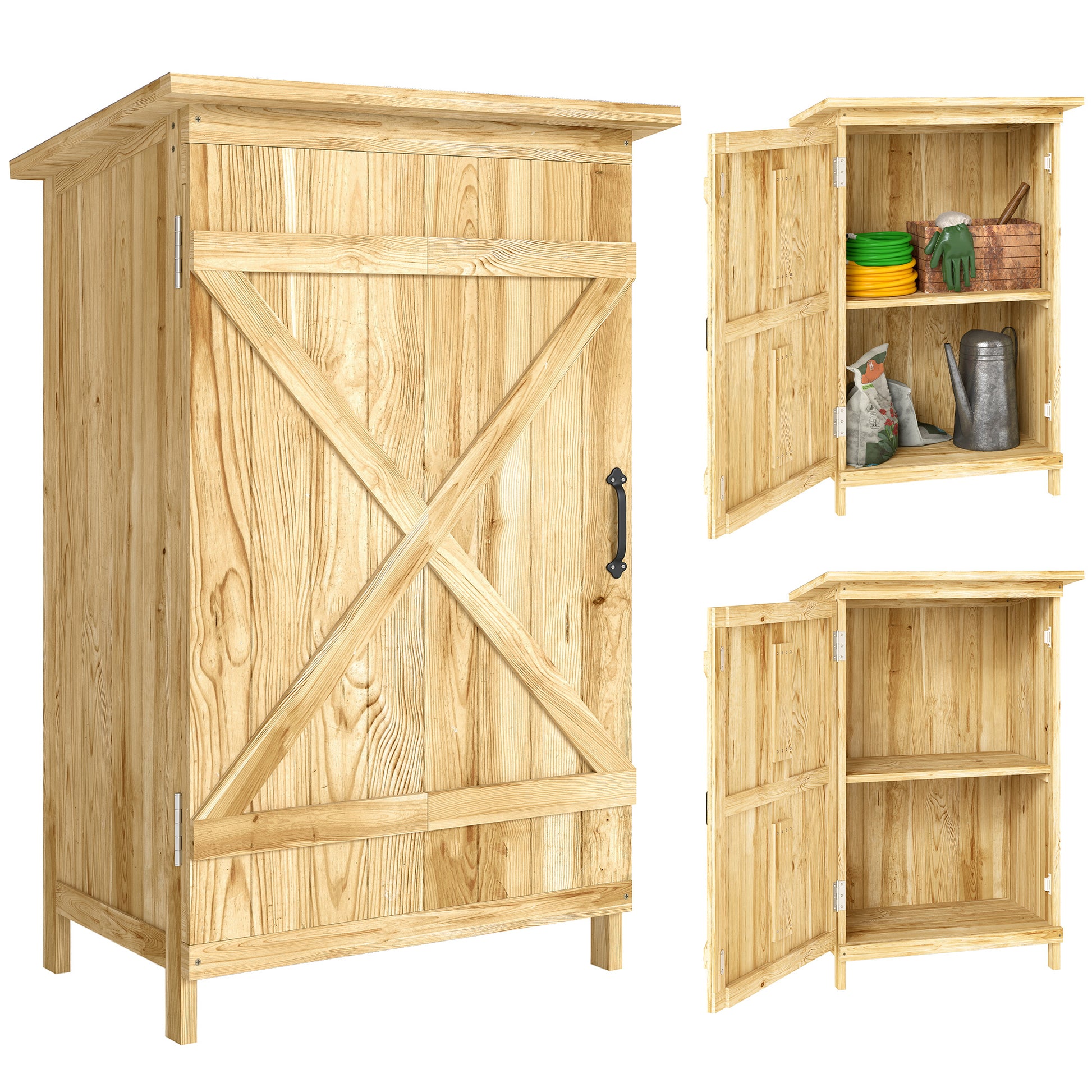 Outsunny Caseta de Jardín de Madera 63,5x40x90 cm Cobertizo Jardín Exterior Armario para Almacenaje de Herramientas con 2 Estantes Puerta Estilo Granero y Techo de Acero Galvanizado Natural