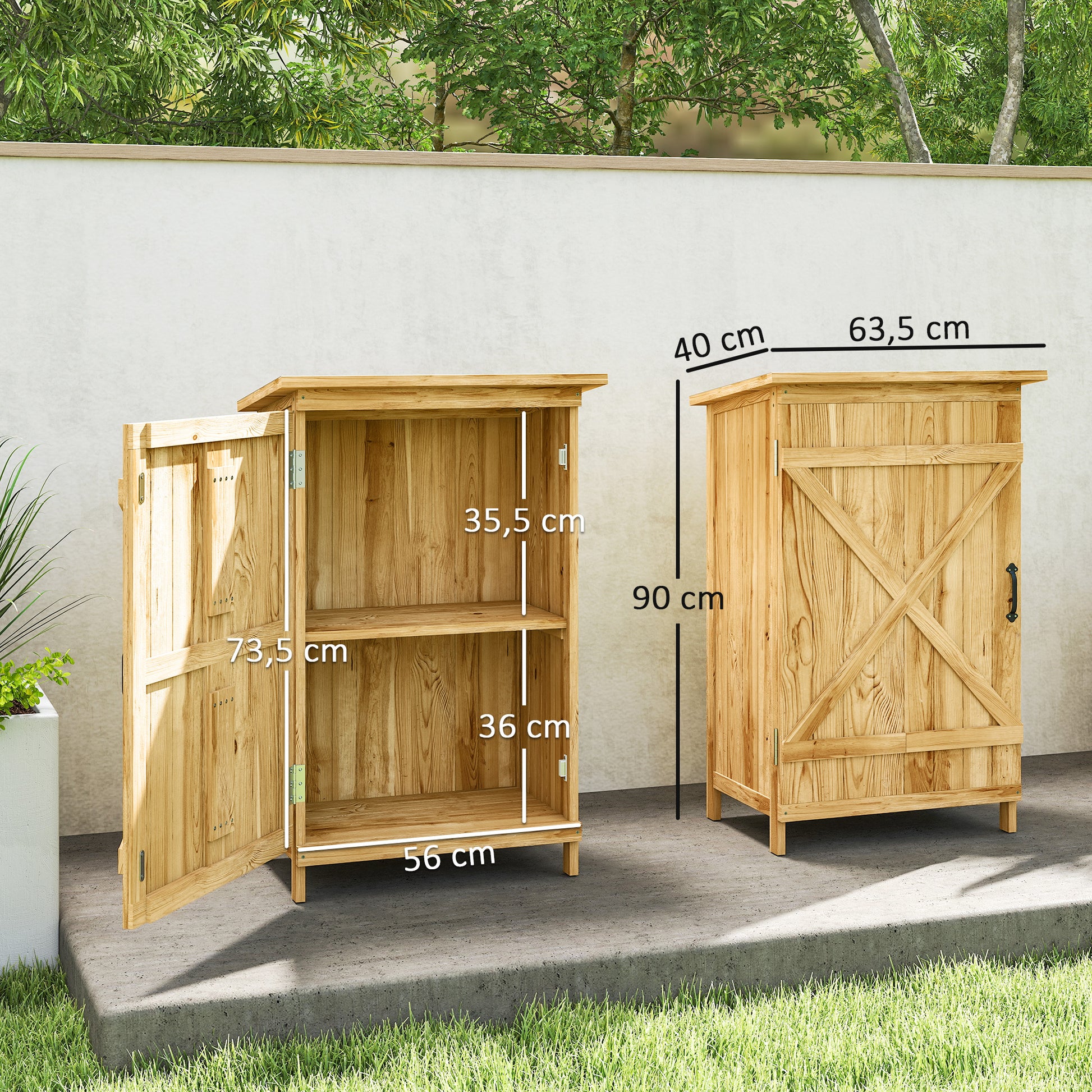 Outsunny Caseta de Jardín de Madera 63,5x40x90 cm Cobertizo Jardín Exterior Armario para Almacenaje de Herramientas con 2 Estantes Puerta Estilo Granero y Techo de Acero Galvanizado Natural