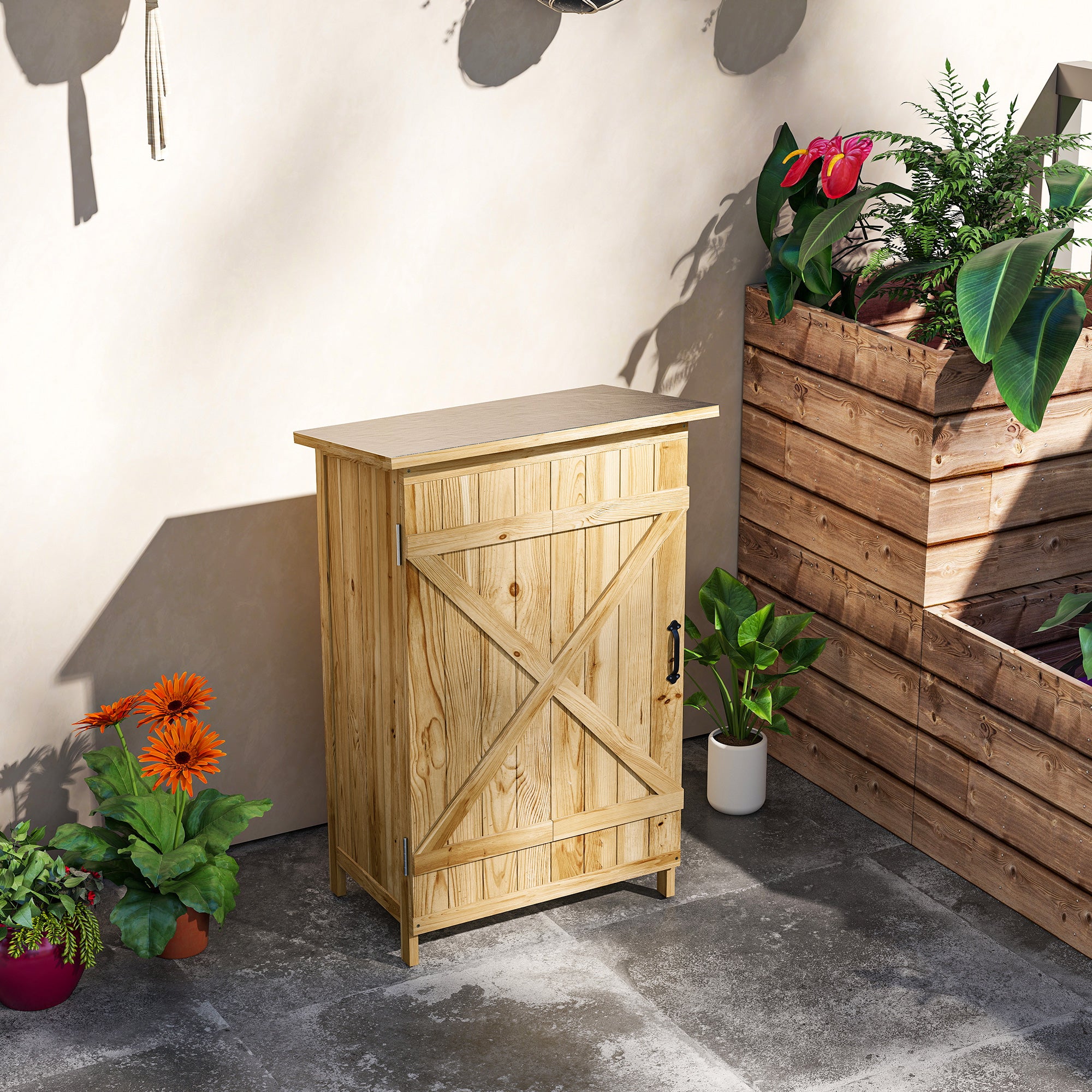 Outsunny Caseta de Jardín de Madera 63,5x40x90 cm Cobertizo Jardín Exterior Armario para Almacenaje de Herramientas con 2 Estantes Puerta Estilo Granero y Techo de Acero Galvanizado Natural