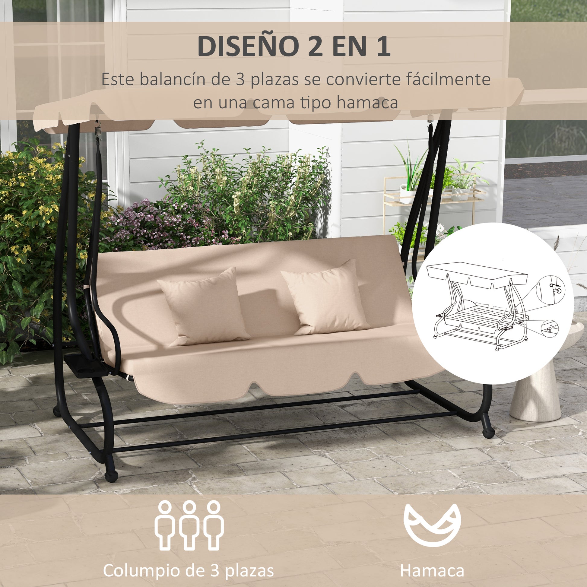 Outsunny Columpio de Jardín Exterior de 3 Plazas 2 en 1 Cama Balancín de Jardín Exterior con Toldo Ajustable Bandejas Laterales y Almohadas para Balcón Terraza Patio Carga 340 kg 200x120x164 cm Arena