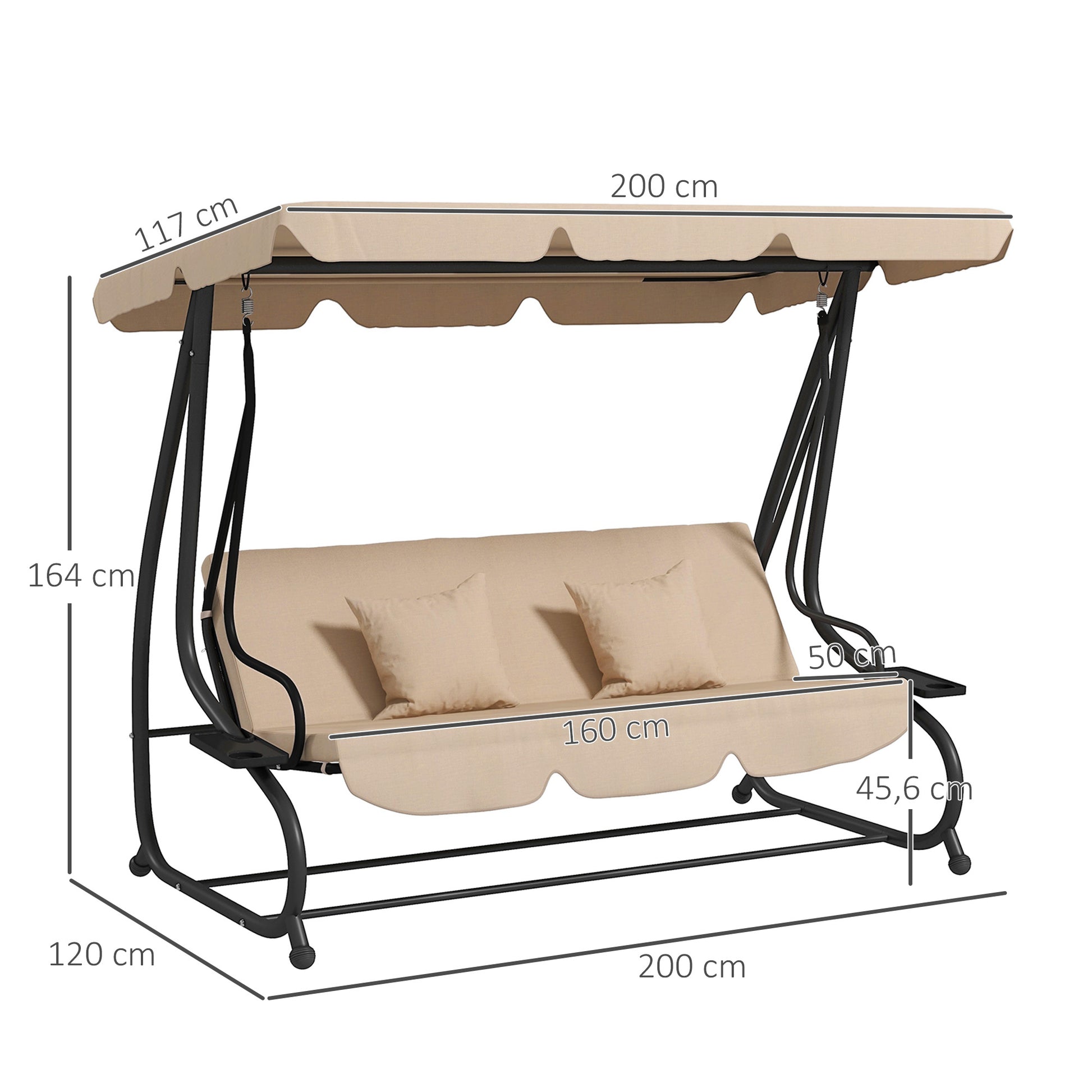 Outsunny Columpio de Jardín Exterior de 3 Plazas 2 en 1 Cama Balancín de Jardín Exterior con Toldo Ajustable Bandejas Laterales y Almohadas para Balcón Terraza Patio Carga 340 kg 200x120x164 cm Arena