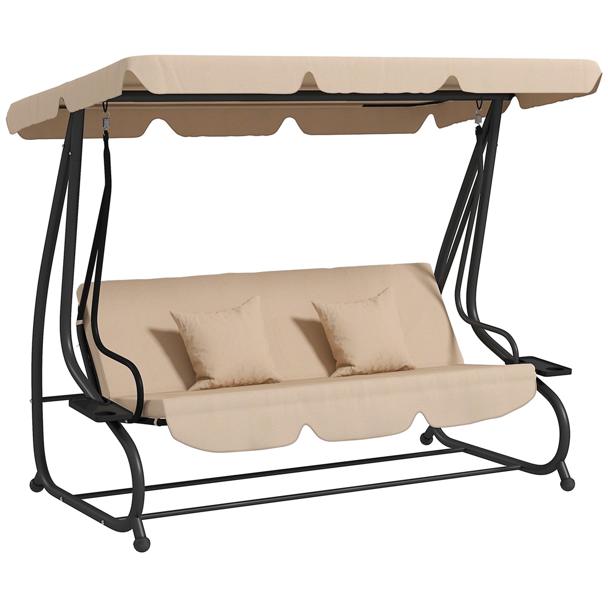 Outsunny Columpio de Jardín Exterior de 3 Plazas 2 en 1 Cama Balancín de Jardín Exterior con Toldo Ajustable Bandejas Laterales y Almohadas para Balcón Terraza Patio Carga 340 kg 200x120x164 cm Arena