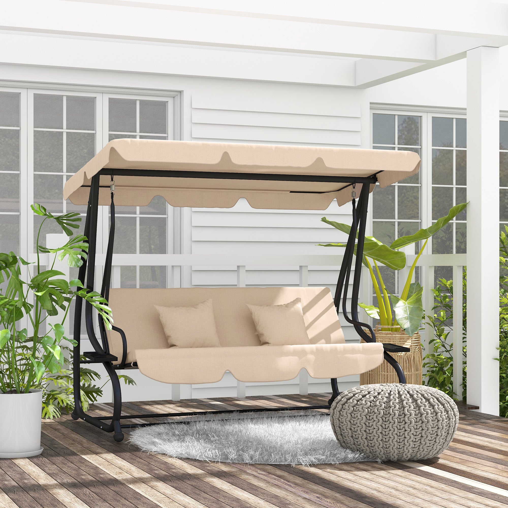 Outsunny Columpio de Jardín Exterior de 3 Plazas 2 en 1 Cama Balancín de Jardín Exterior con Toldo Ajustable Bandejas Laterales y Almohadas para Balcón Terraza Patio Carga 340 kg 200x120x164 cm Arena
