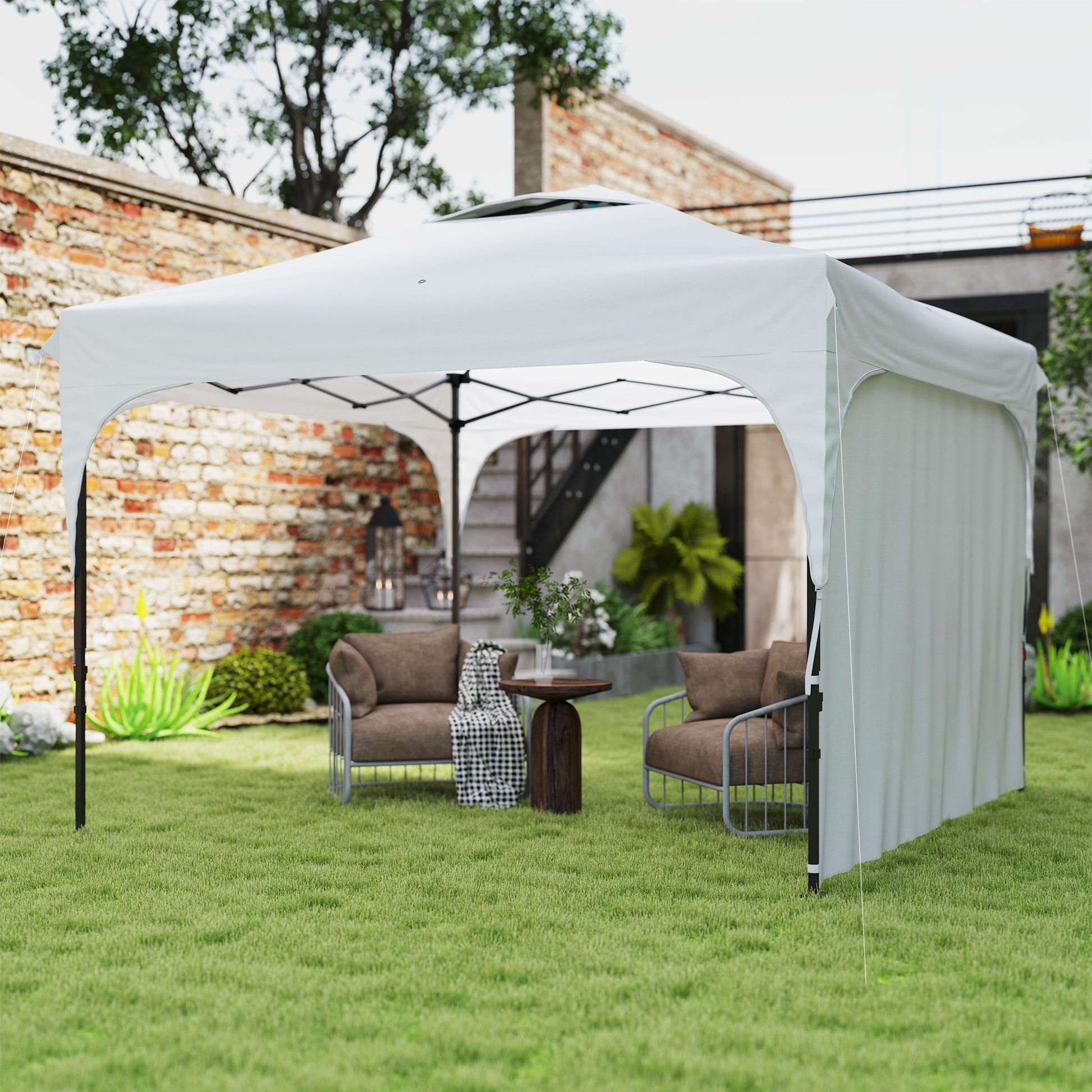 Outsunny Carpa Plegable 3x3 m Cenador de Jardín con Altura Ajustable 1 Pared Lateral Impermeable 4 Bolsas de Arena y Bolsa de Transporte Gazebo para Exterior Patio Fiestas Blanco