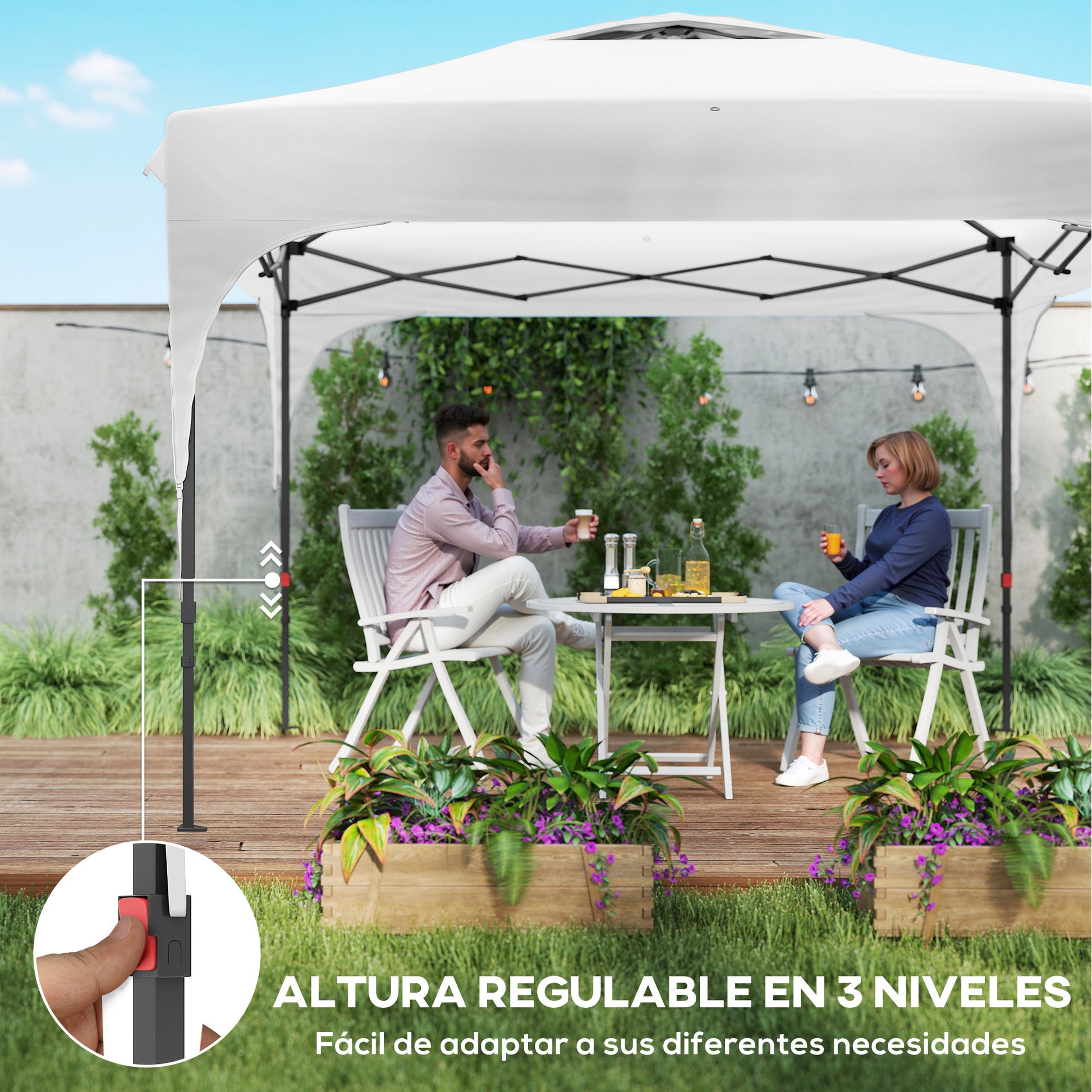 Outsunny Carpa Plegable 3x3 m Cenador de Jardín con Altura Ajustable 1 Pared Lateral Impermeable 4 Bolsas de Arena y Bolsa de Transporte Gazebo para Exterior Patio Fiestas Blanco