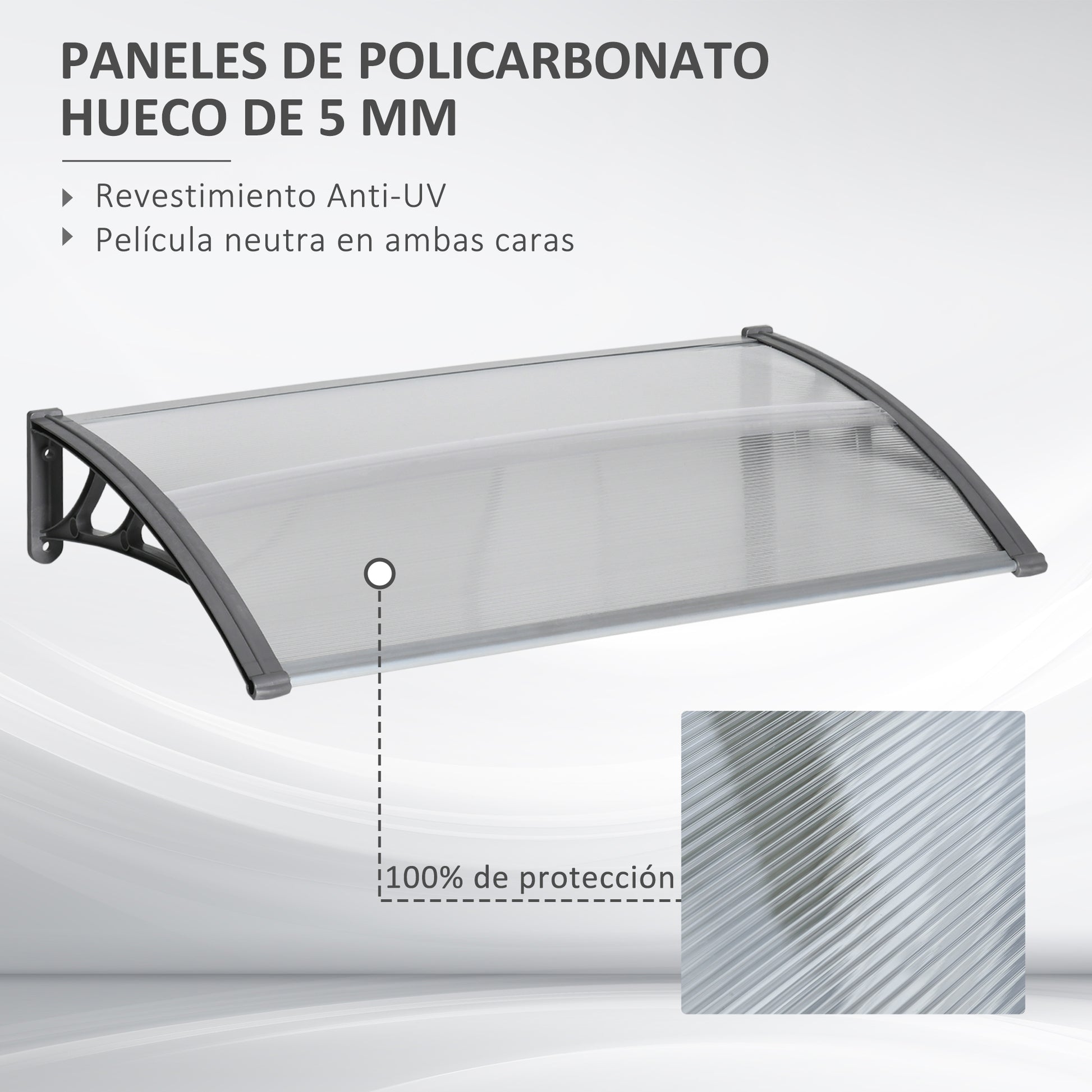 Outsunny Tejadillo de Protección 110x60 cm Marquesina Exterior para Puertas y Ventanas contra Sol y Lluvia con Soporte de PP Policarbonato Transparente