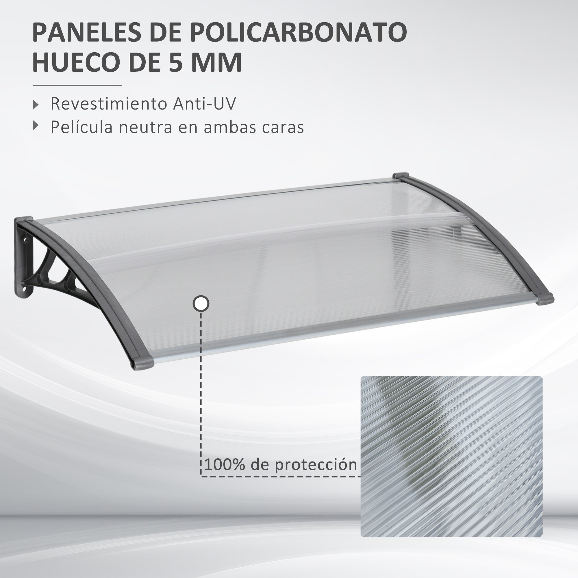 Outsunny Tejadillo de Protección 110x60 cm Marquesina Exterior para Puertas y Ventanas contra Sol y Lluvia con Soporte de PP Policarbonato Transparente
