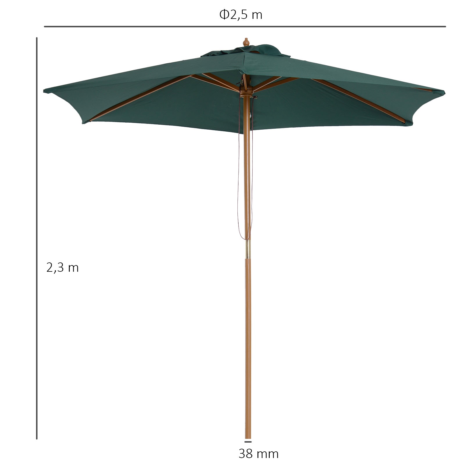 Outsunny Sombrilla de Jardín Ø250x230 cm Parasol de Terraza con 6 Varillas Poste Desmontable Anti-UV Impermeable y Marco de Madera para Playa Patio Verde