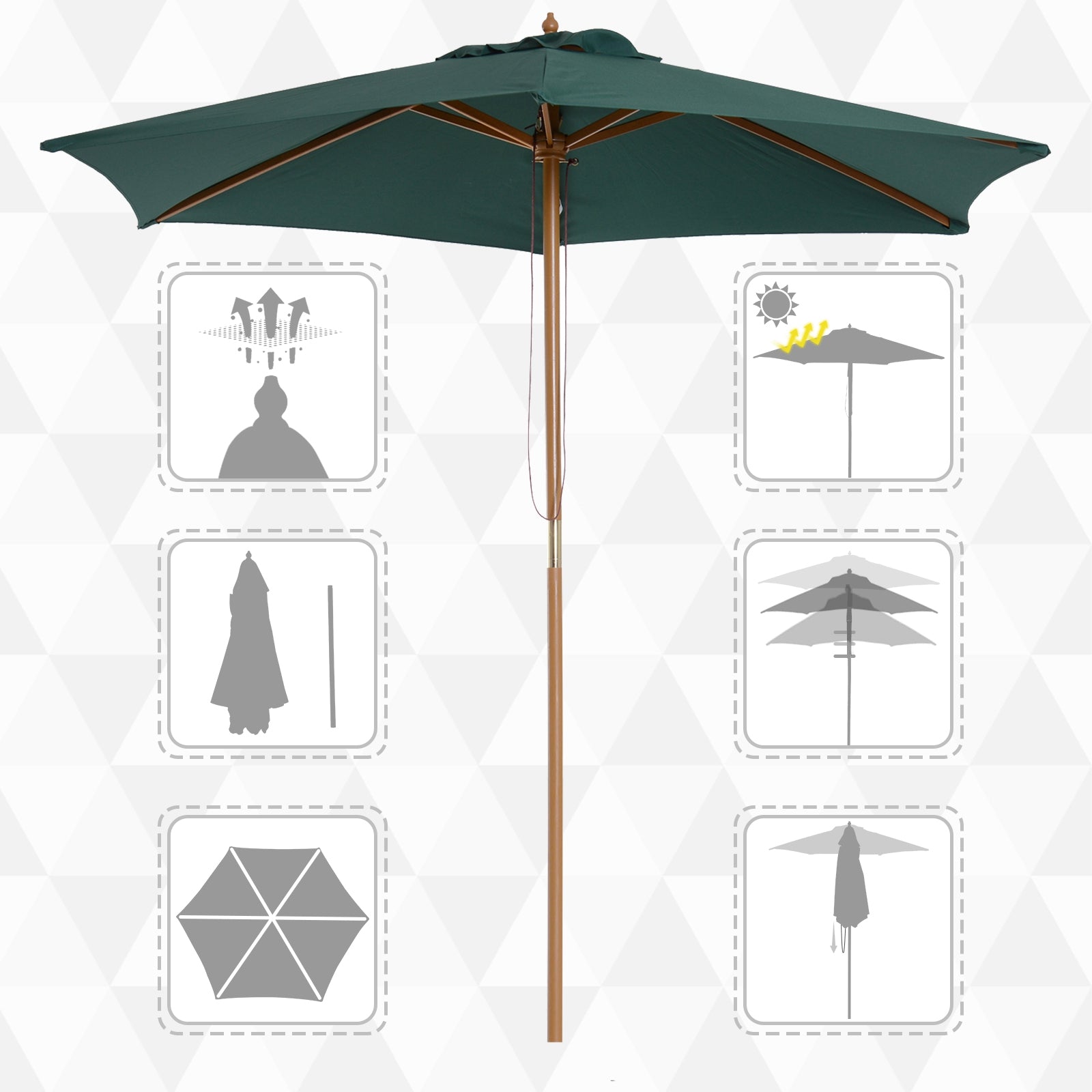 Outsunny Sombrilla de Jardín Ø250x230 cm Parasol de Terraza con 6 Varillas Poste Desmontable Anti-UV Impermeable y Marco de Madera para Playa Patio Verde