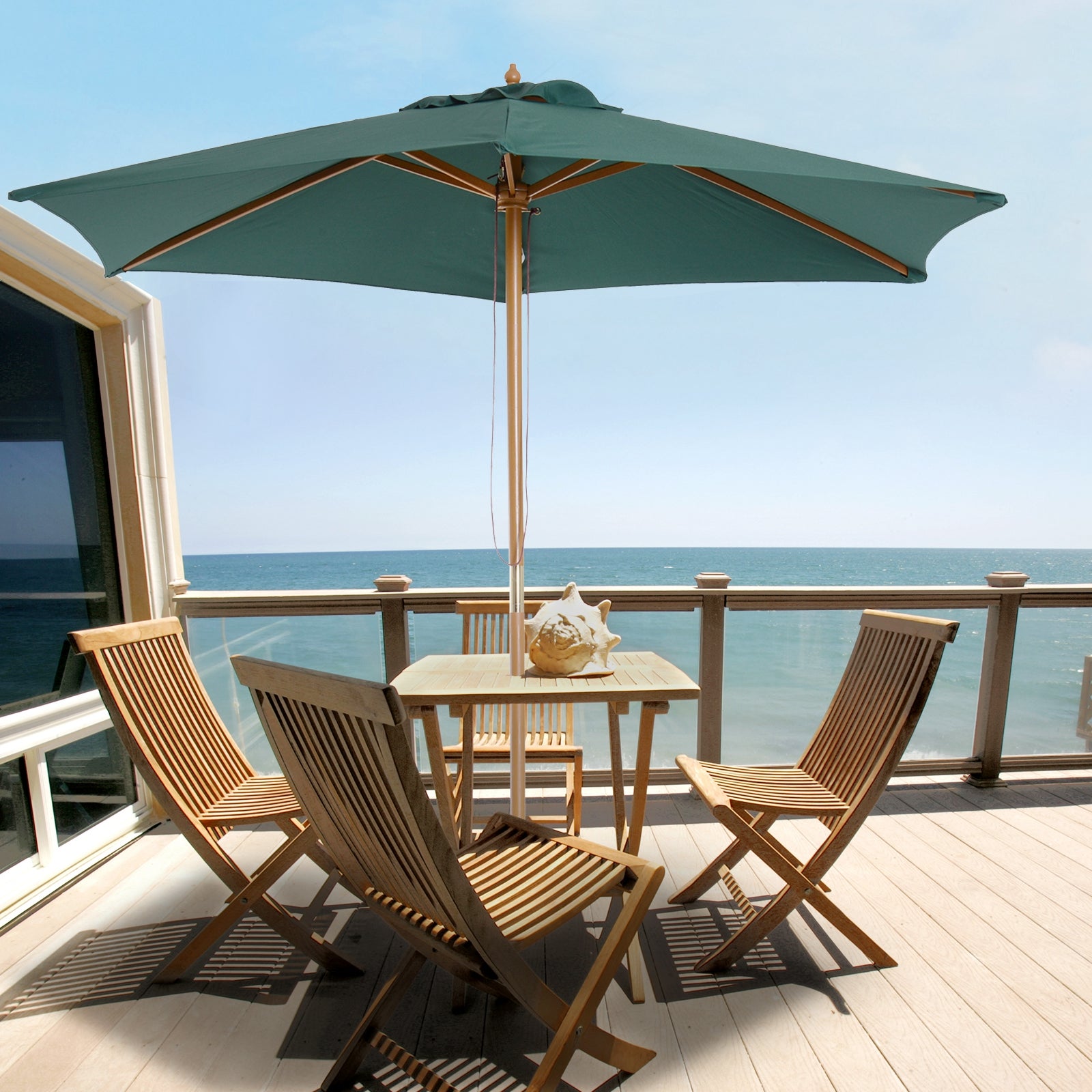 Outsunny Sombrilla de Jardín Ø250x230 cm Parasol de Terraza con 6 Varillas Poste Desmontable Anti-UV Impermeable y Marco de Madera para Playa Patio Verde