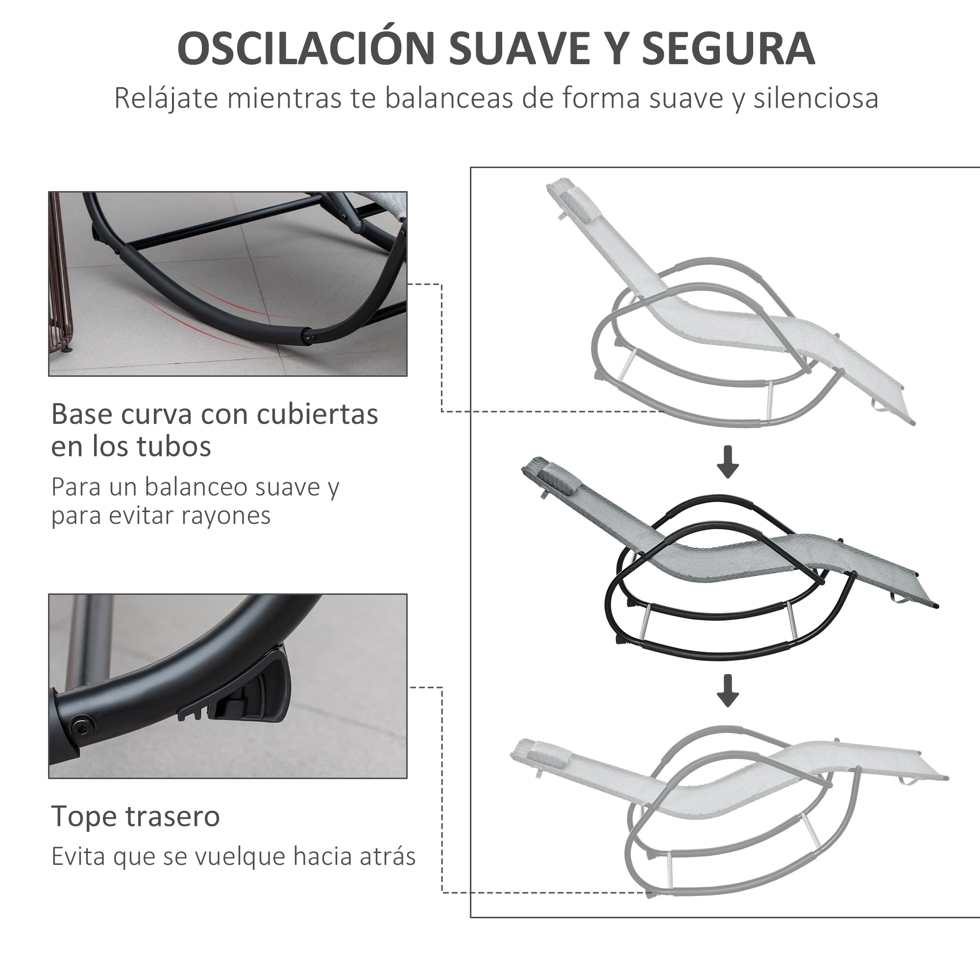 Outsunny Tumbona Mecedora de Exterior con Reposabrazos Reposacabezas y Efecto de Ratán para Jardín Terraza Patio Carga Máx. 160 kg 61x160x79 cm Gris