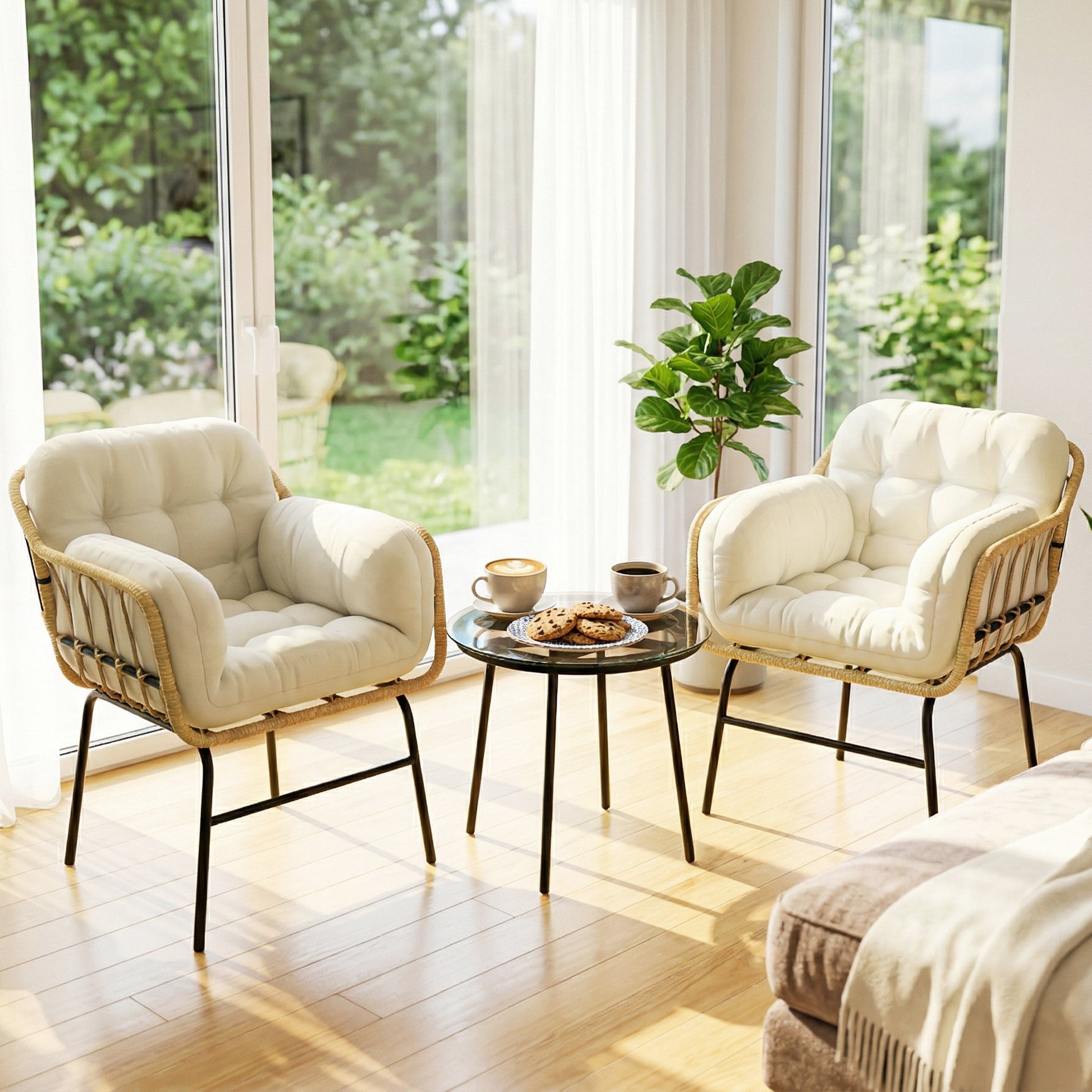 Outsunny Conjunto de Jardín Exterior de 3 Piezas, Muebles Jardín Exterior de Ratán PE, 2 Sillas con Cojines Suaves y Mesa de Vidrio Templado, Resistente a la Intemperie, para Balcón, Patio, Caqui