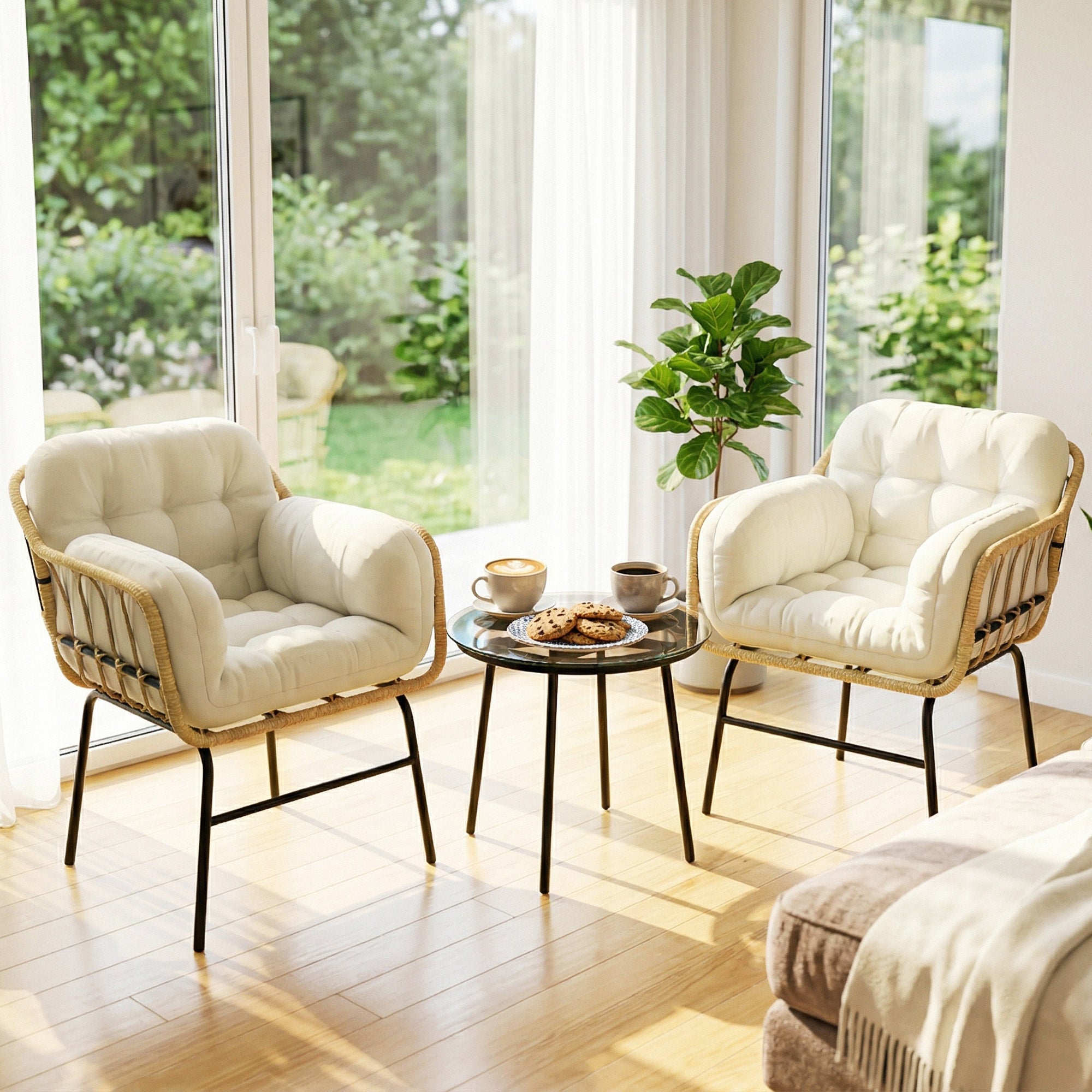 Outsunny Conjunto de Jardín Exterior de 3 Piezas, Muebles Jardín Exterior de Ratán PE, 2 Sillas con Cojines Suaves y Mesa de Vidrio Templado, Resistente a la Intemperie, para Balcón, Patio, Caqui
