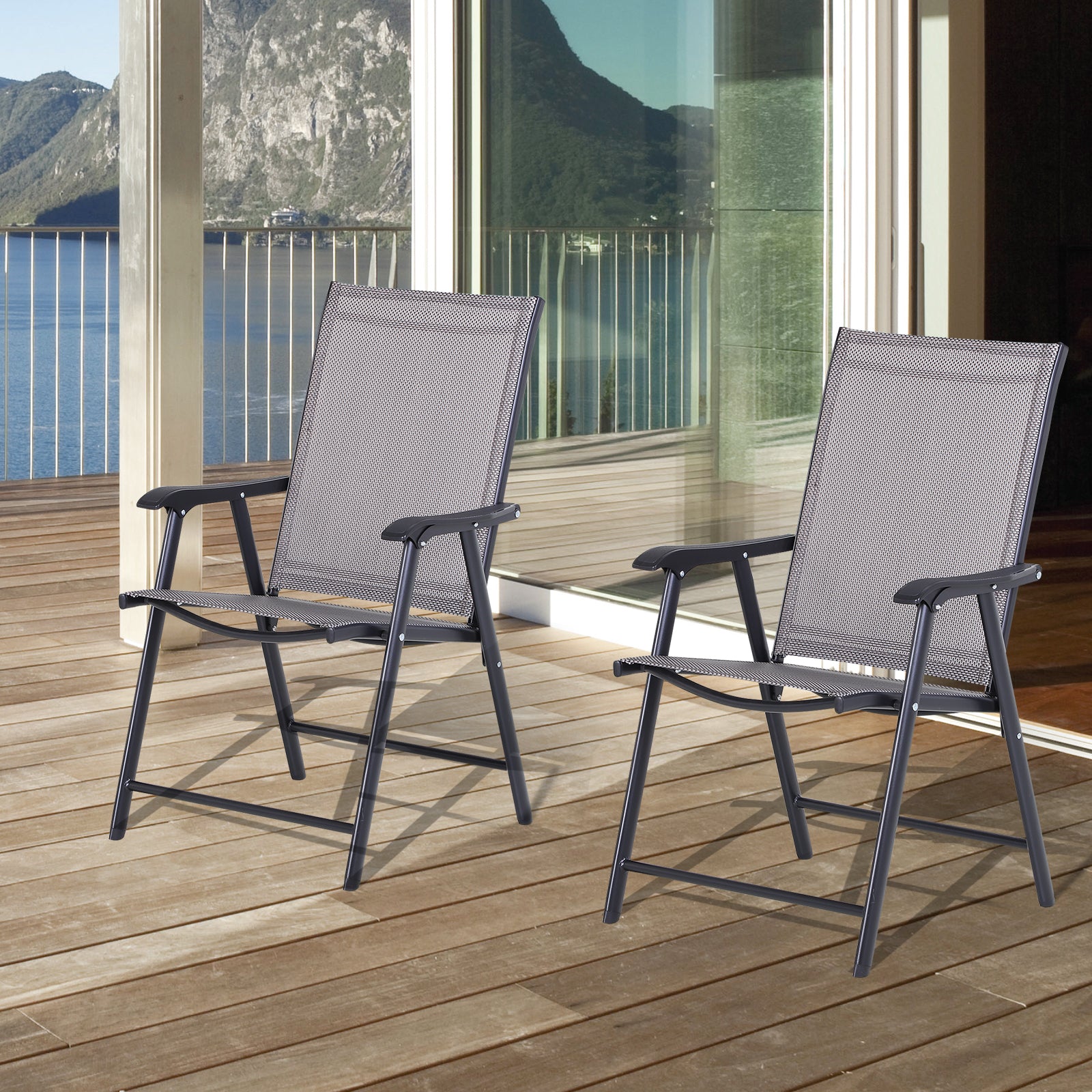 Outsunny Conjunto de 2 Sillas Plegables para Exterior Con Reposabrazos Sillas para Balcones Jardín Terraza Metal Texteline Carga 110kg 58x64x94 cm Gris