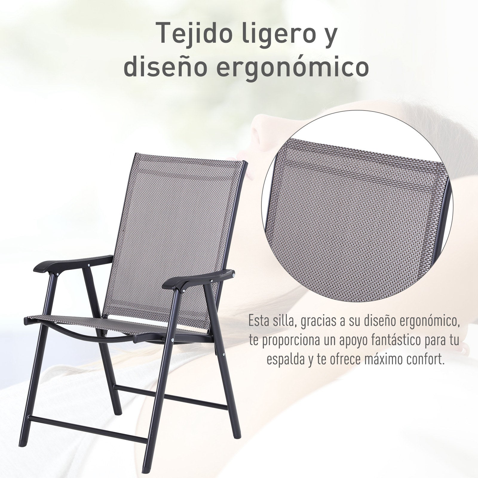 Outsunny Conjunto de 2 Sillas Plegables para Exterior Con Reposabrazos Sillas para Balcones Jardín Terraza Metal Texteline Carga 110kg 58x64x94 cm Gris