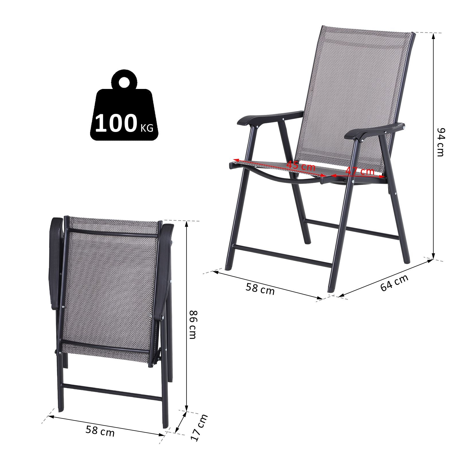 Outsunny Conjunto de 2 Sillas Plegables para Exterior Con Reposabrazos Sillas para Balcones Jardín Terraza Metal Texteline Carga 110kg 58x64x94 cm Gris