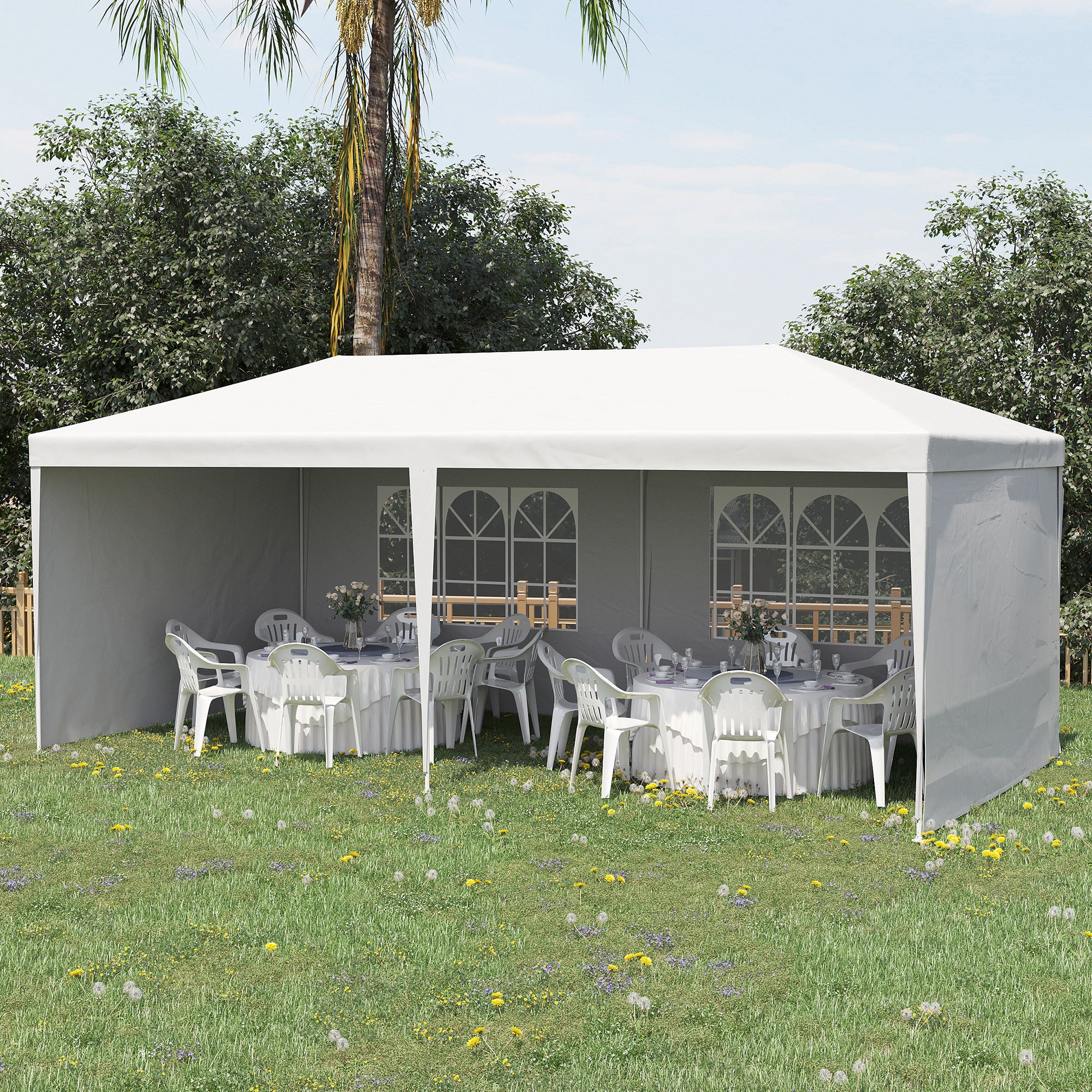 Outsunny Carpa de Jardín 6x3 m Pabellón con 4 Paredes Laterales y 2 Ventanas Visibles Anti-UV Impermeable Cenador Gazebo de Exterior con Marco de Acero para Fiestas Eventos Bodas Blanco